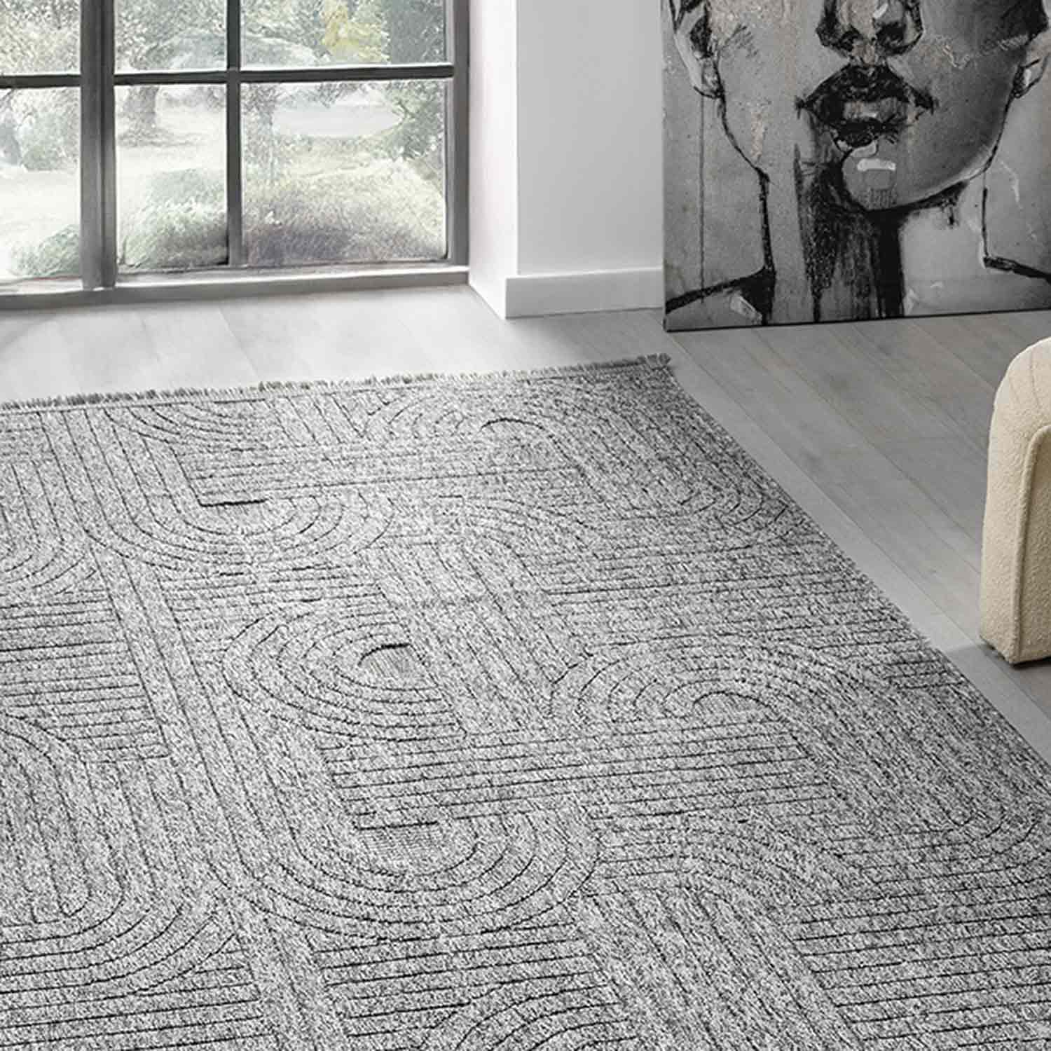 Antrasit Gri Geometrik Desenli Yumuşak Halı