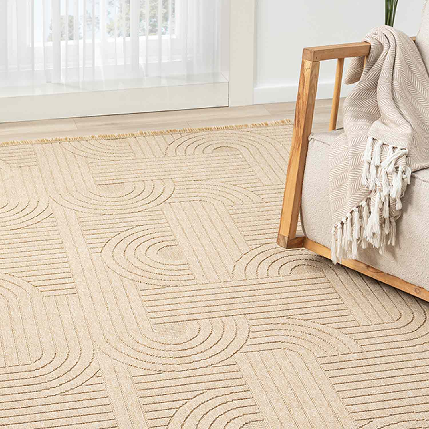 Bej Geometrik Desenli Yumuşak Modern Halı