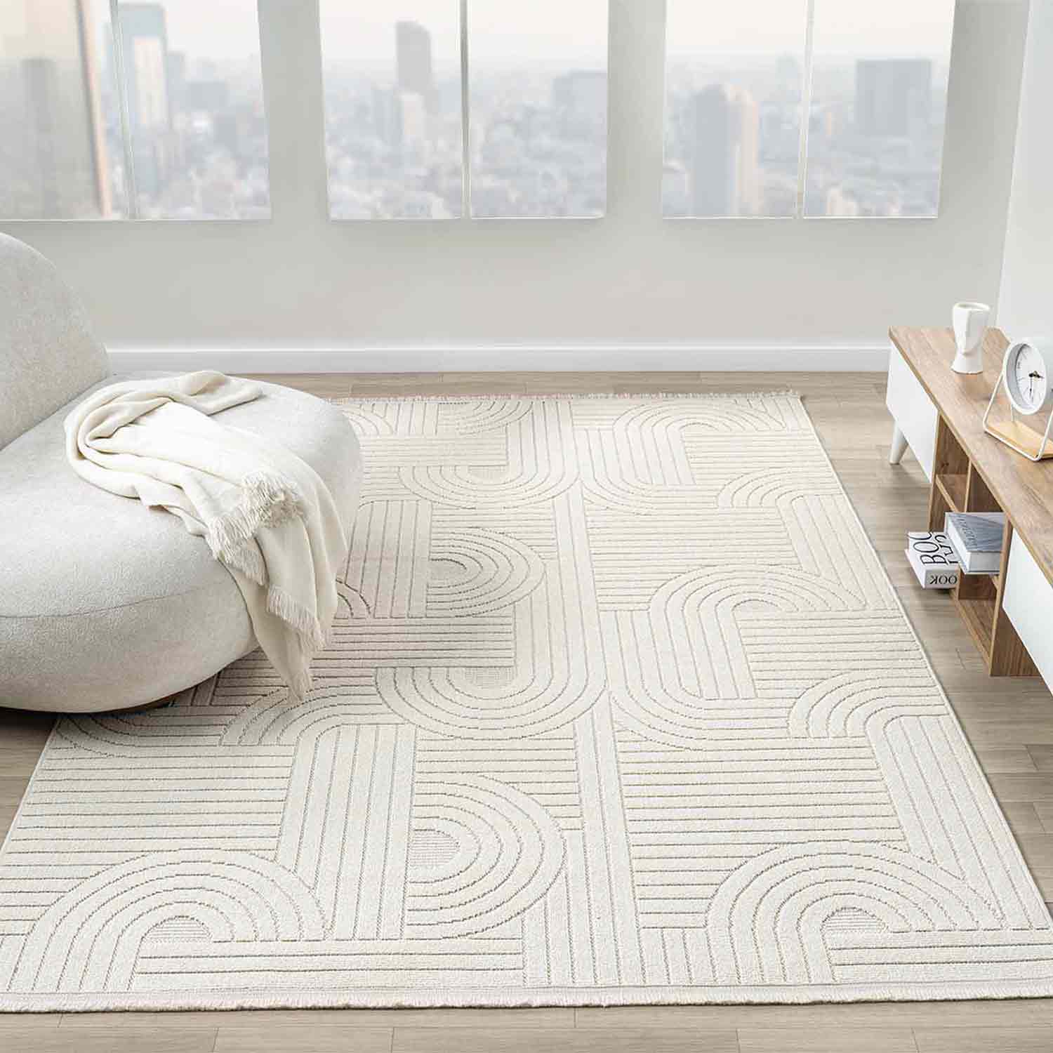 Krem Beyaz Geometrik Desenli Modern Halı