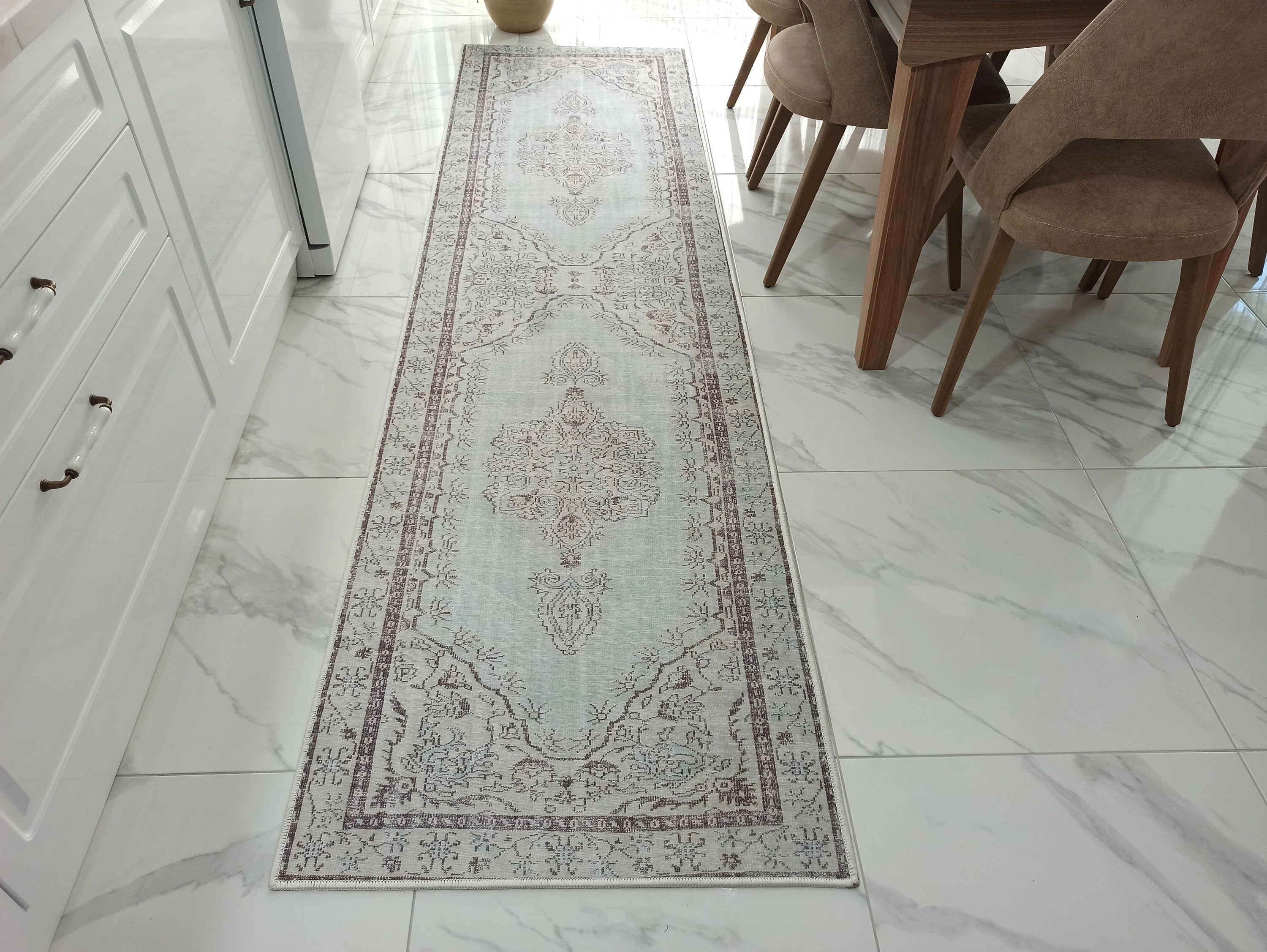 Eskitme Madalyon Desenli Su Yeşili Vintage Halı - OUTLET - 14914OU
