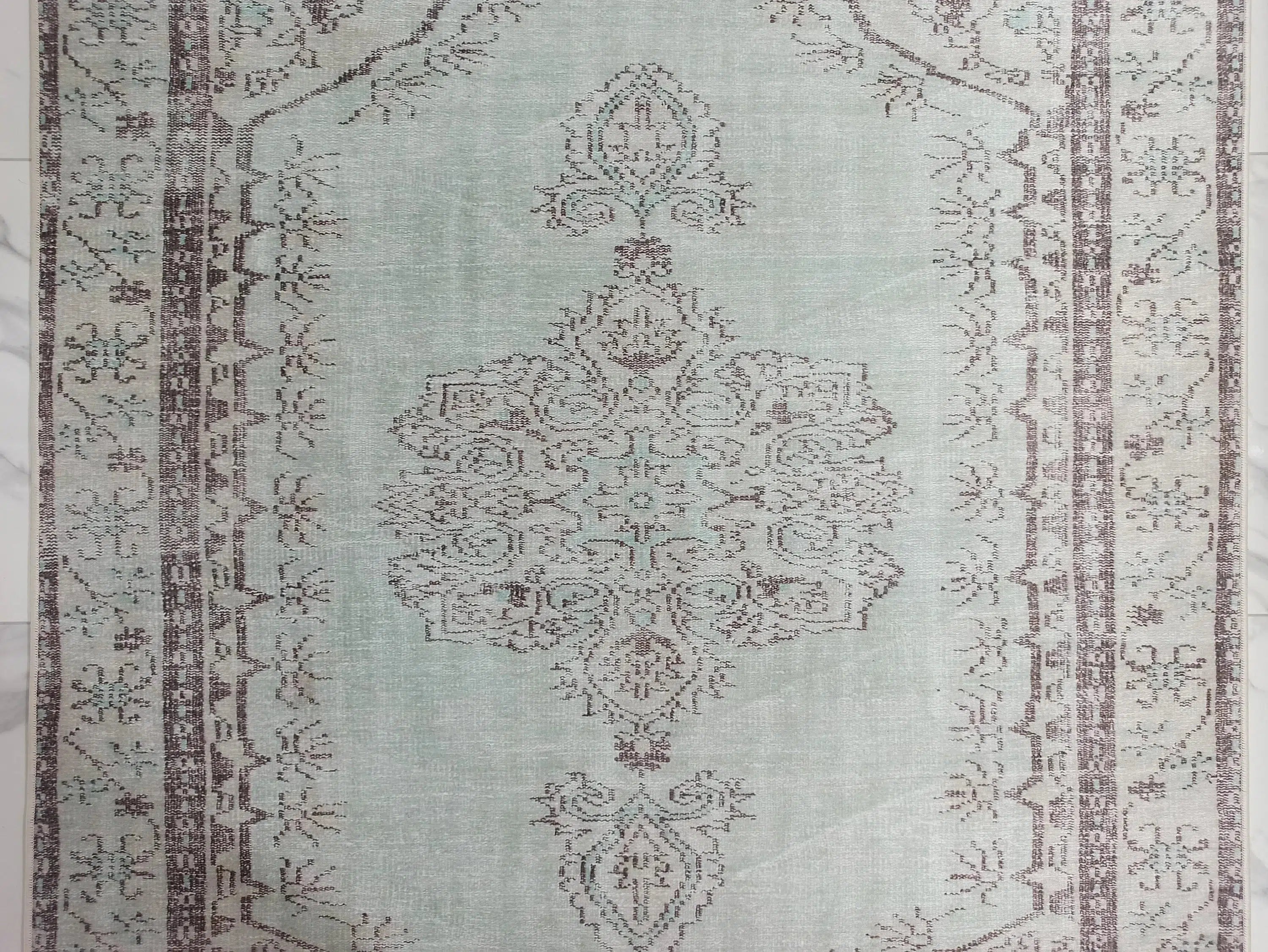 Eskitme Madalyon Desenli Su Yeşili Vintage Halı - OUTLET - 14914OU