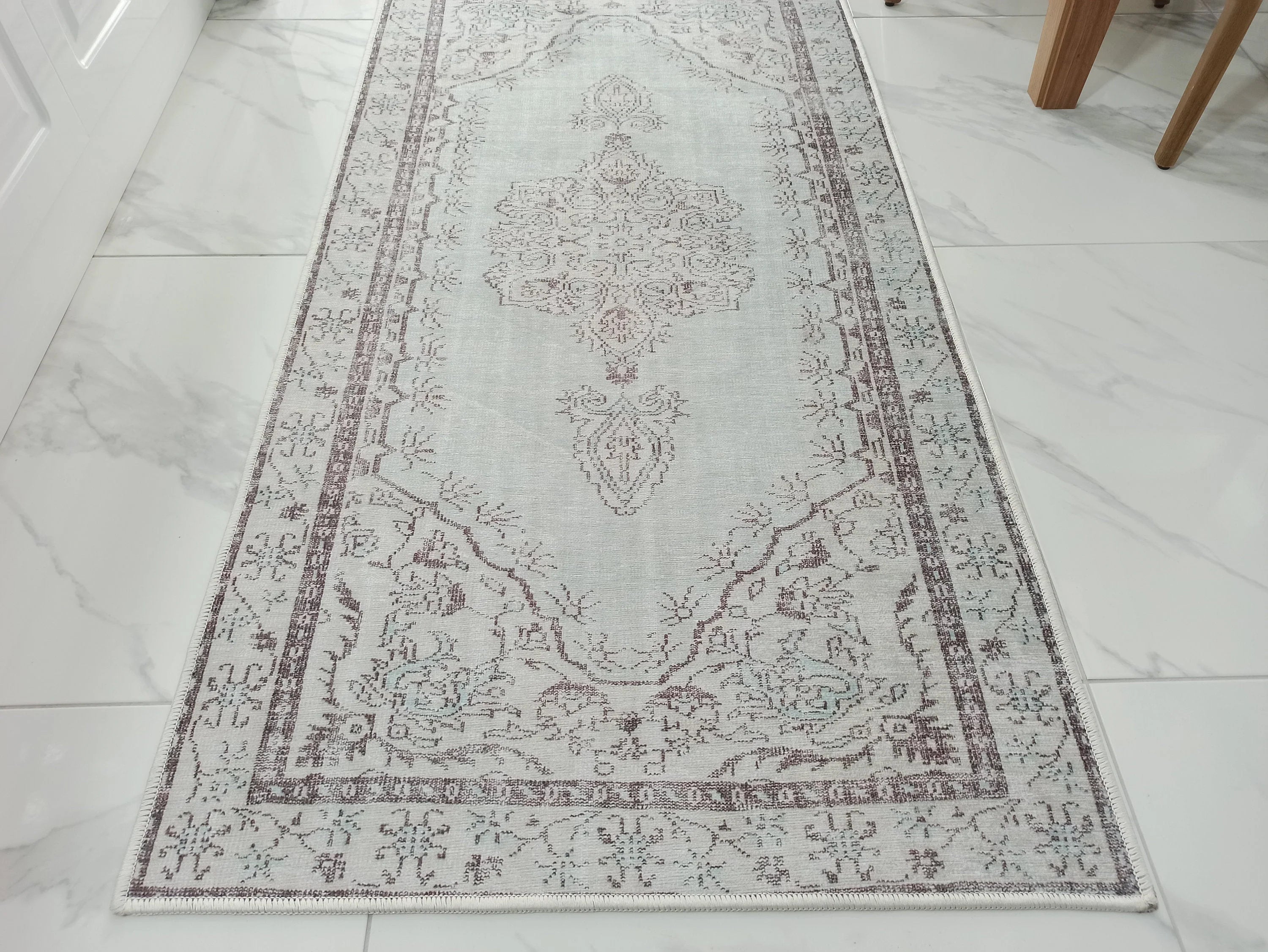 Eskitme Madalyon Desenli Su Yeşili Vintage Halı - OUTLET - 14914OU