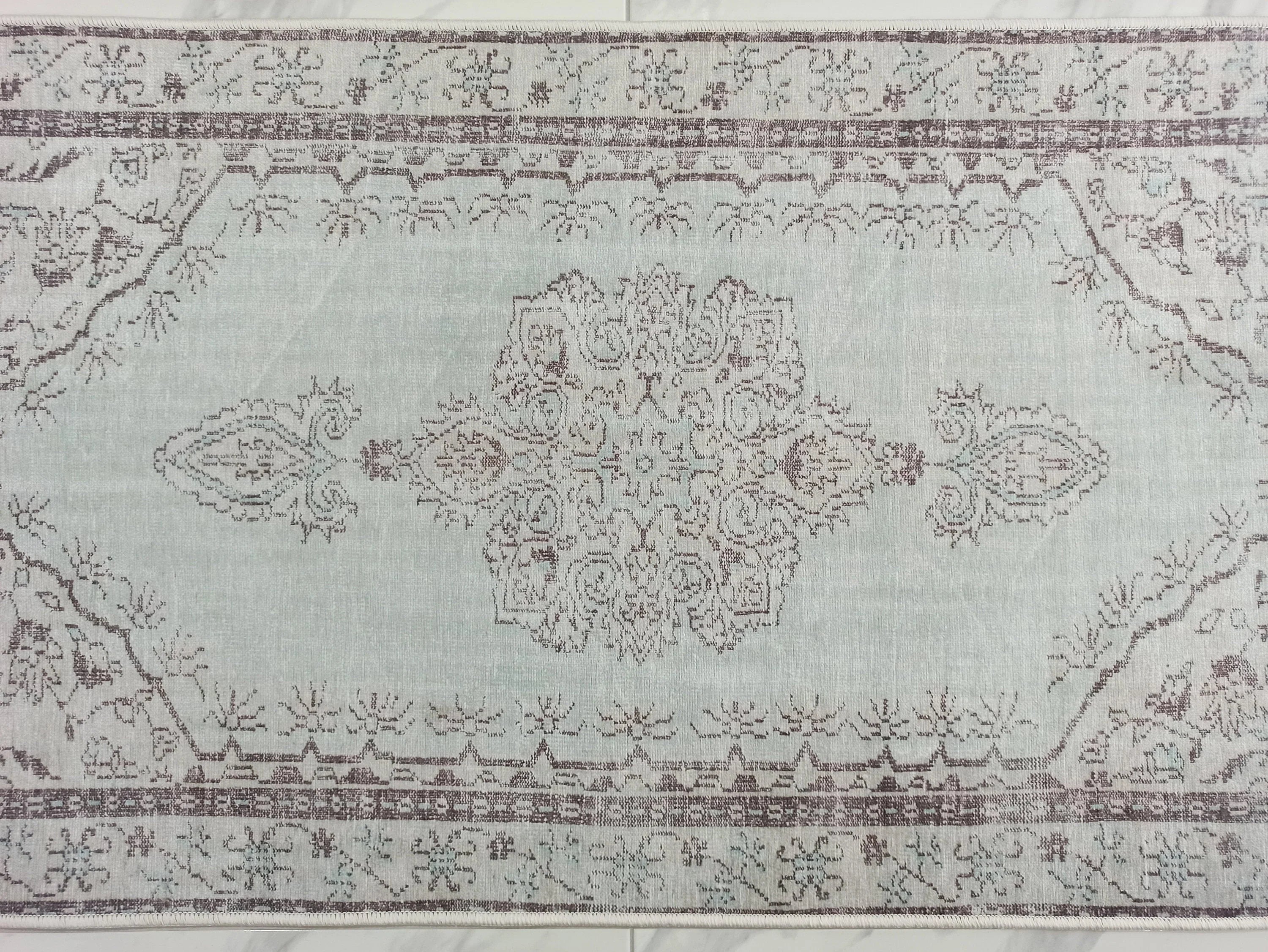 Eskitme Madalyon Desenli Su Yeşili Vintage Halı - OUTLET - 14914OU