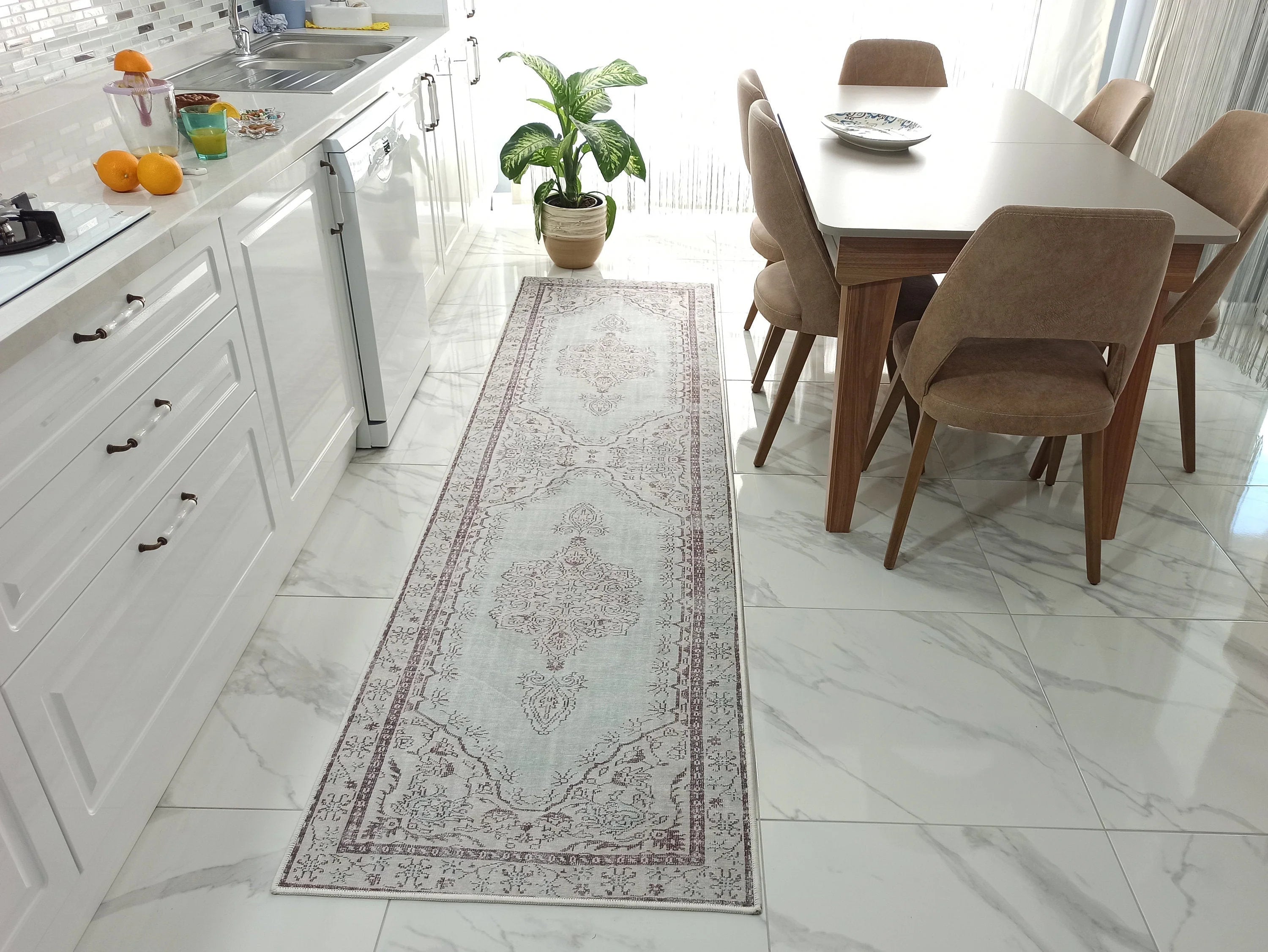 Eskitme Madalyon Desenli Su Yeşili Vintage Halı - OUTLET - 14914OU