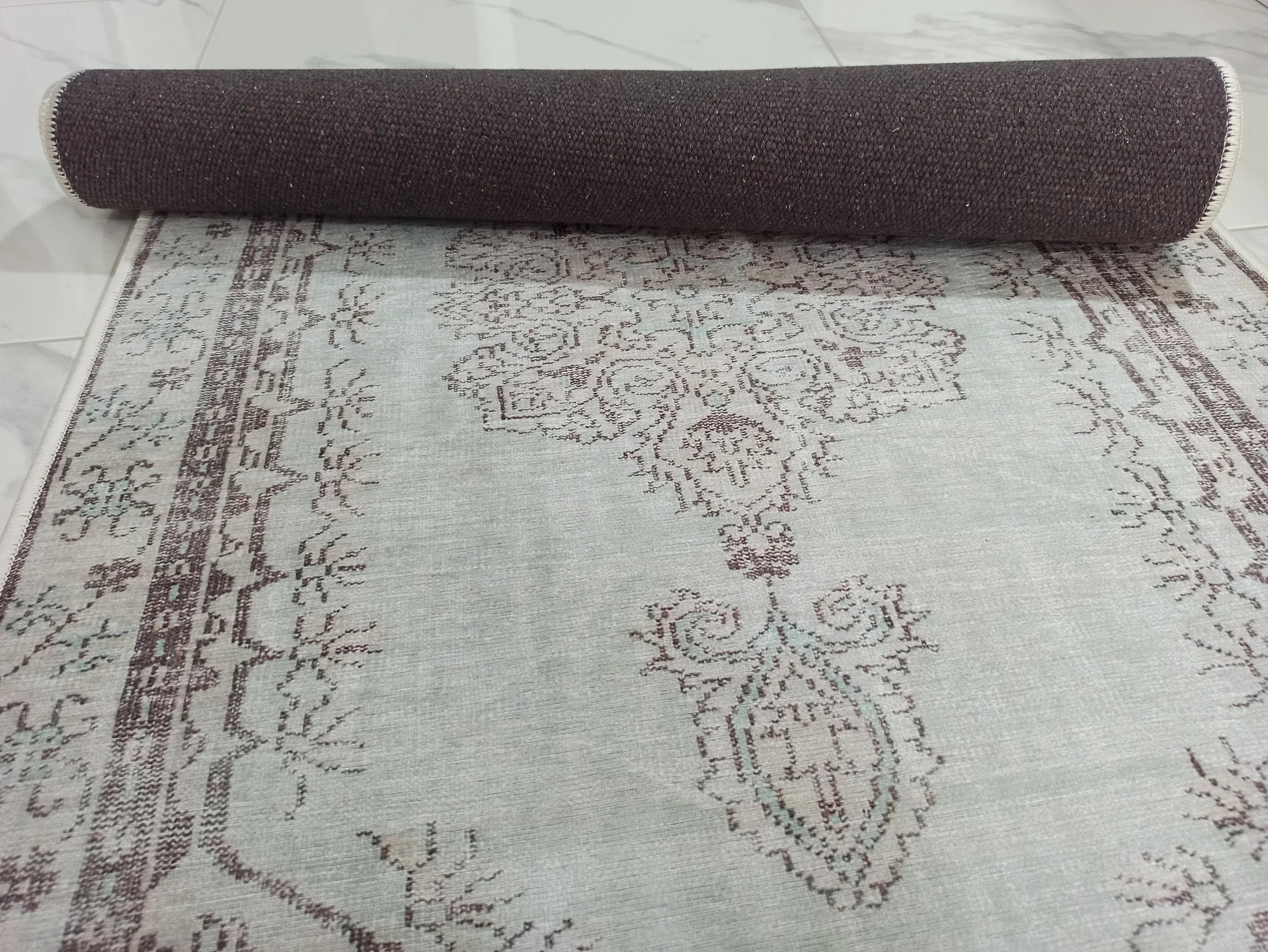 Eskitme Madalyon Desenli Su Yeşili Vintage Halı - OUTLET - 14914OU
