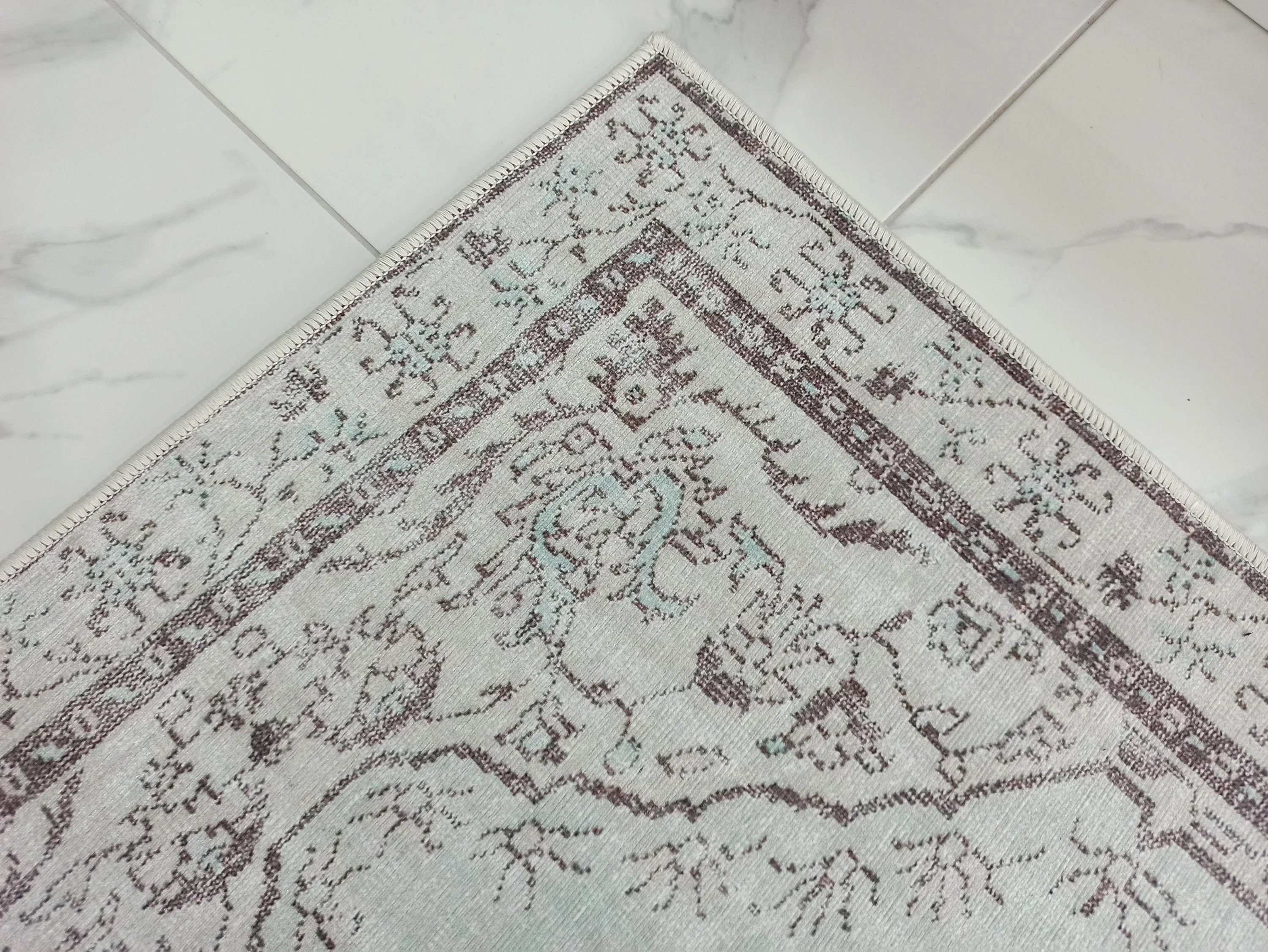 Eskitme Madalyon Desenli Su Yeşili Vintage Halı - OUTLET - 14914OU
