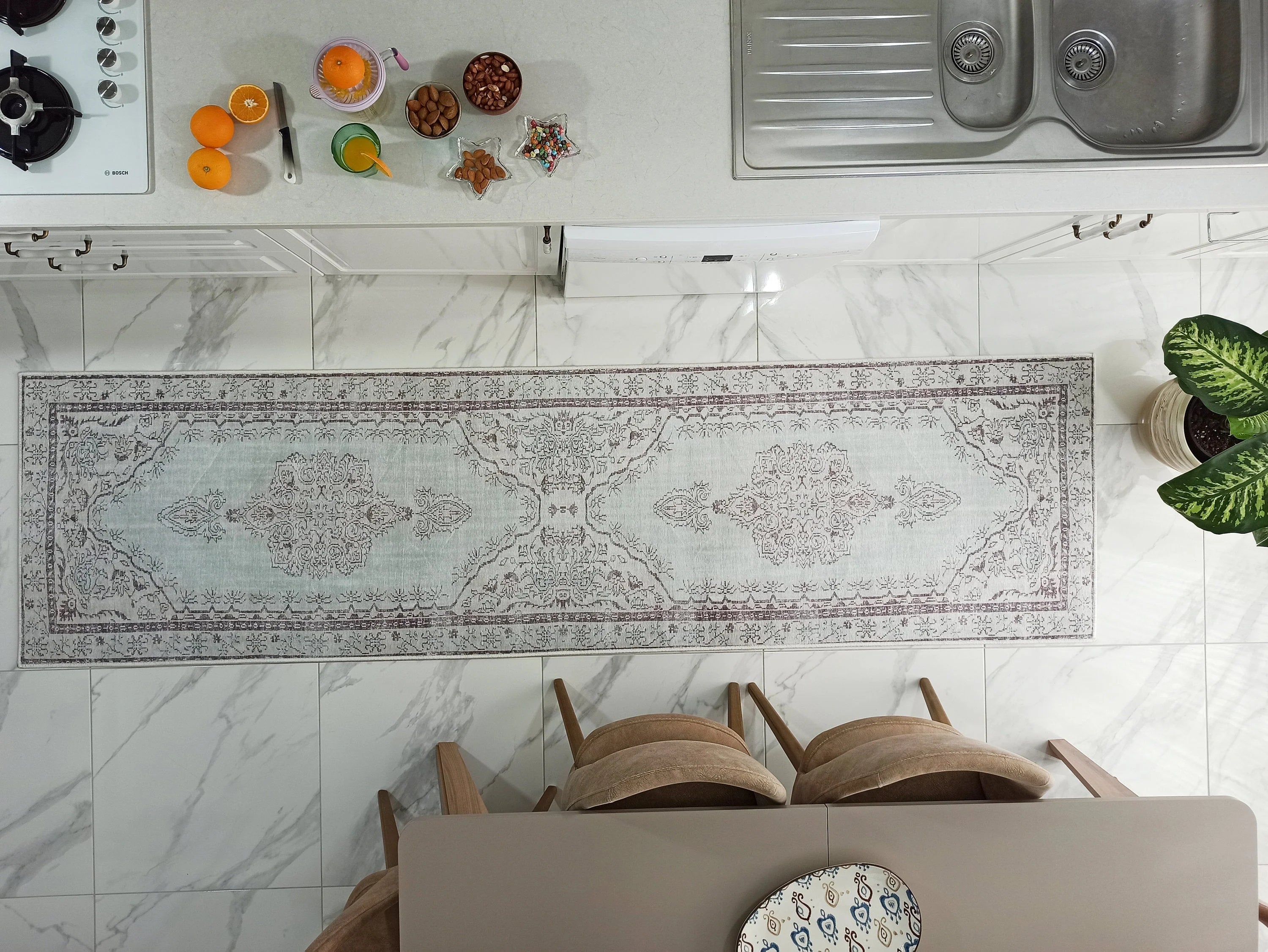 Eskitme Madalyon Desenli Su Yeşili Vintage Halı - OUTLET - 14914OU