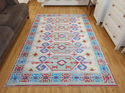 Eskitme Kilim Desenli Krem ve Mavi Bohem Halı - OUTLET - 12767OU