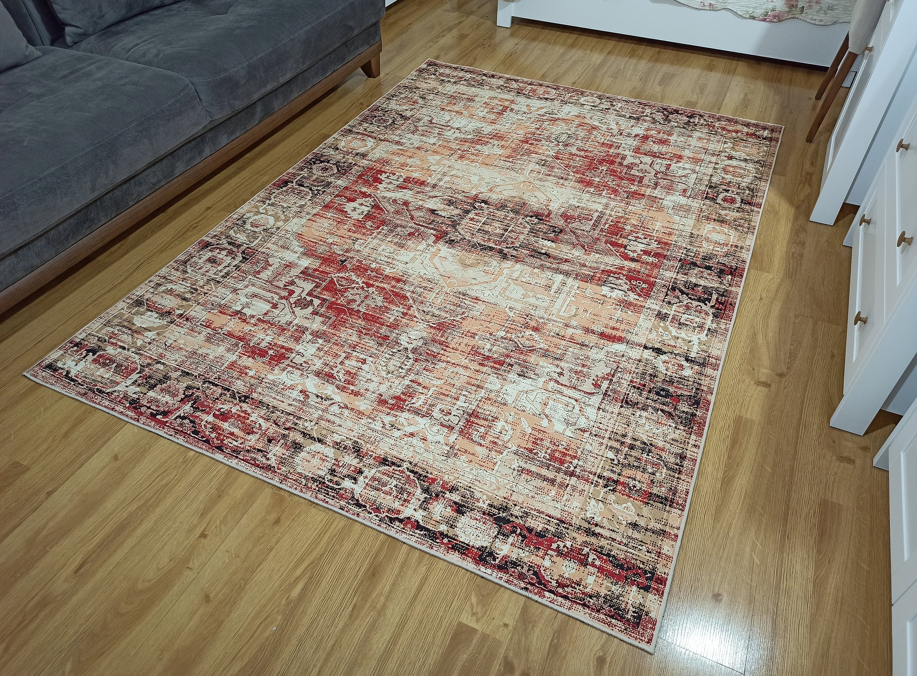 Grauer Vintage-Teppich mit geometrischem Muster