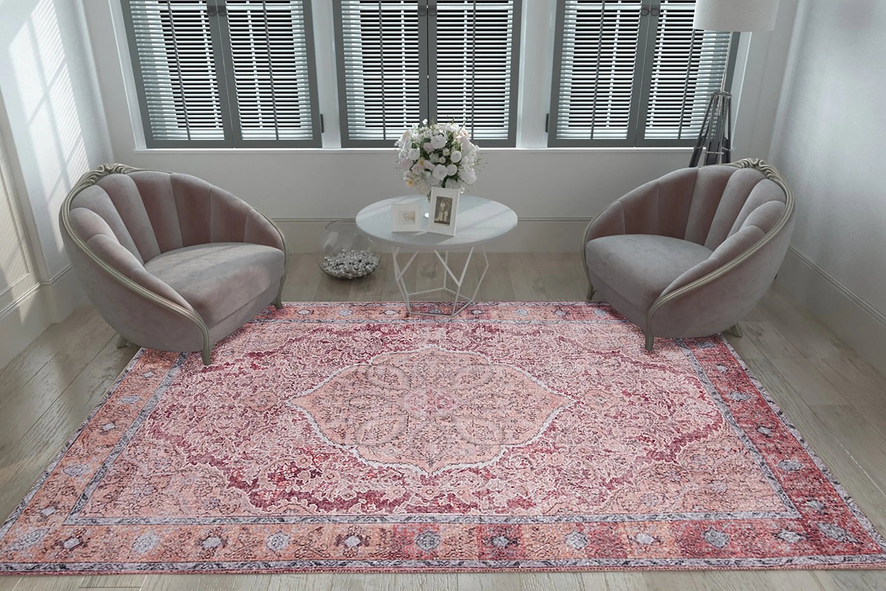Eskitme Madalyon Desenli Gül Kurusu ve Gri Vintage Halı - OUTLET - AL167OU