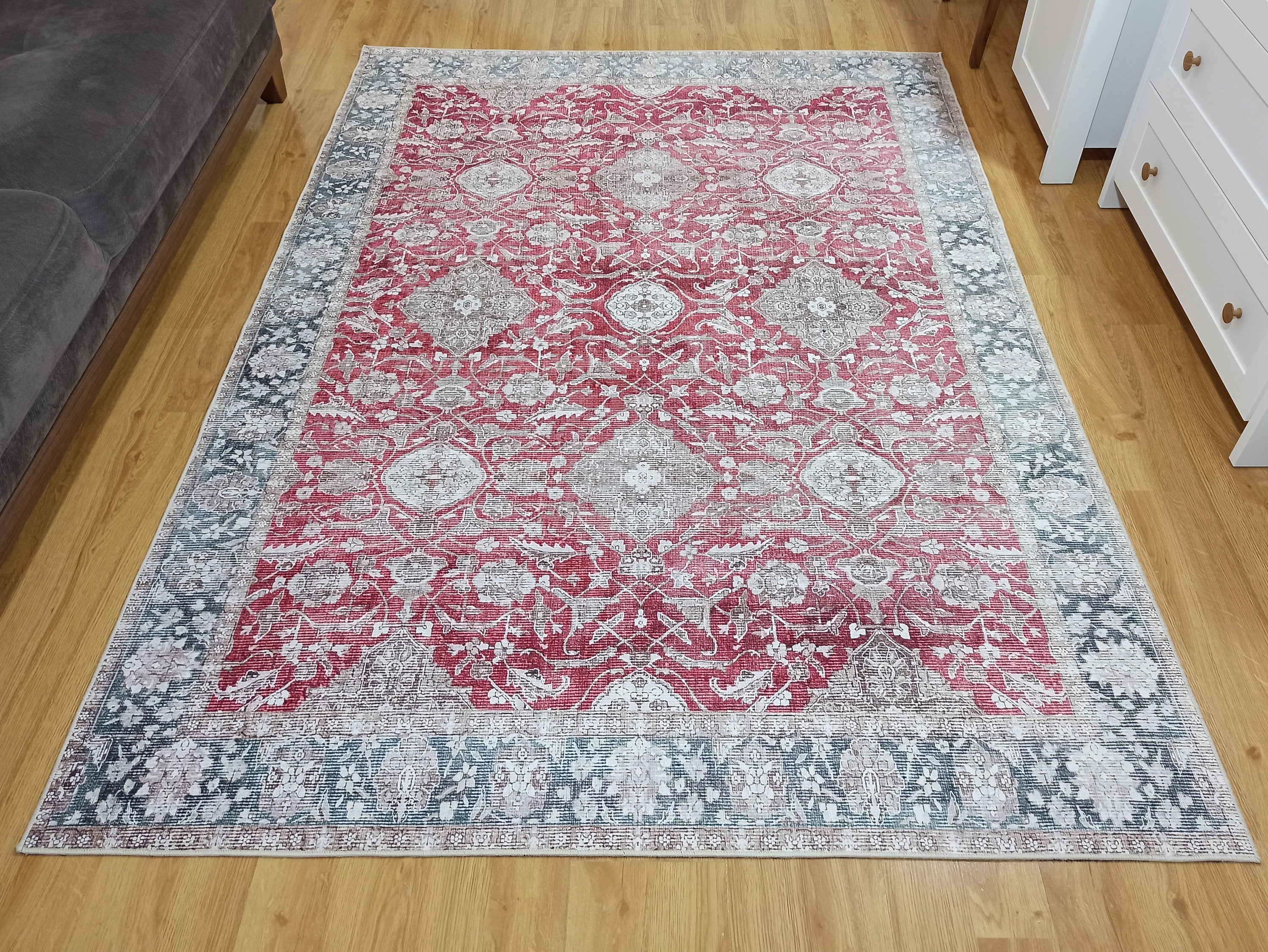 Eskitme Desenli Kırmızı ve Gri Vintage Halı - OUTLET - 12717OU