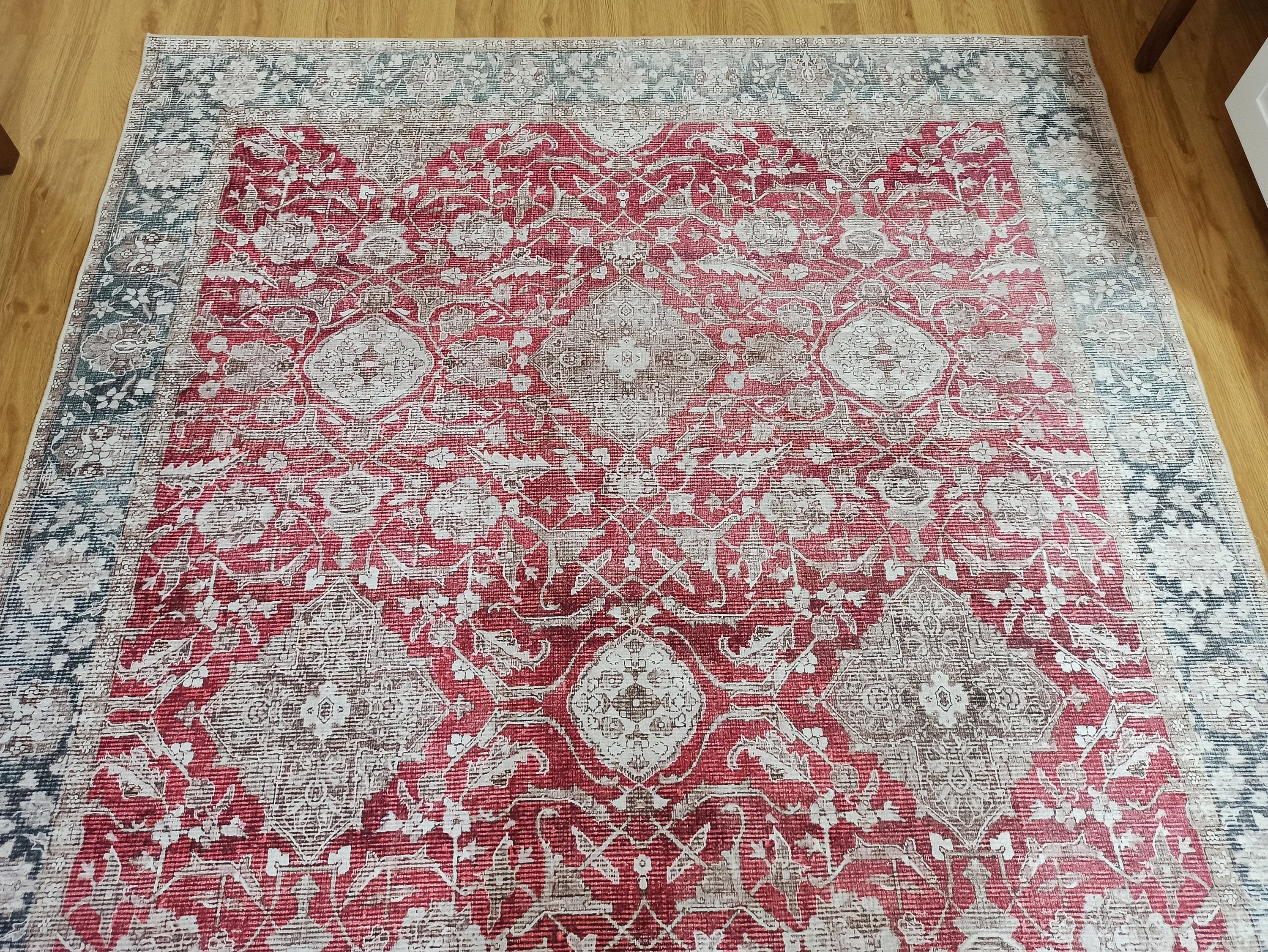 Eskitme Desenli Kırmızı ve Gri Vintage Halı - OUTLET - 12717OU