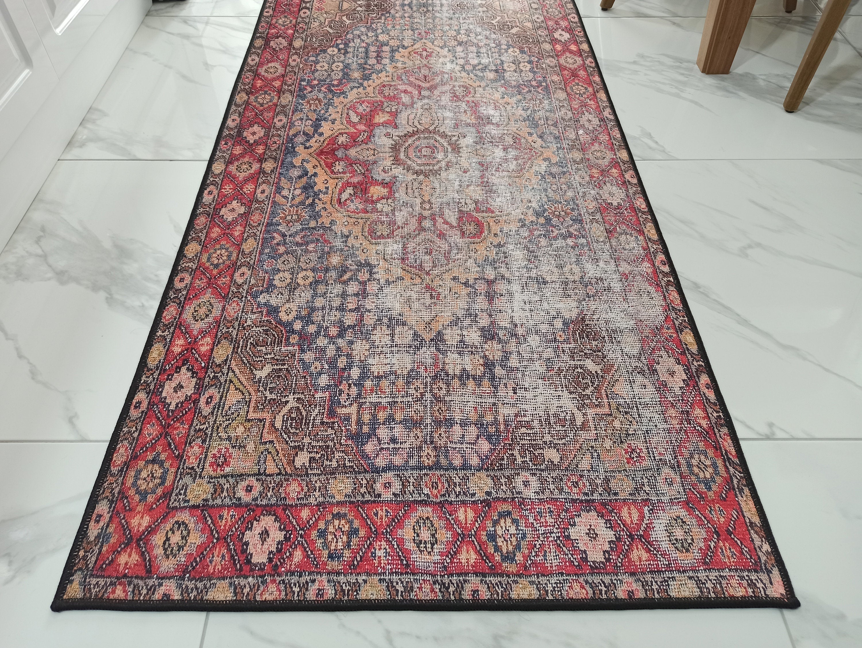 Eskitme Madalyon Desenli Kırmızı ve Lacivert Vintage Yolluk - OUTLET - 14920OU