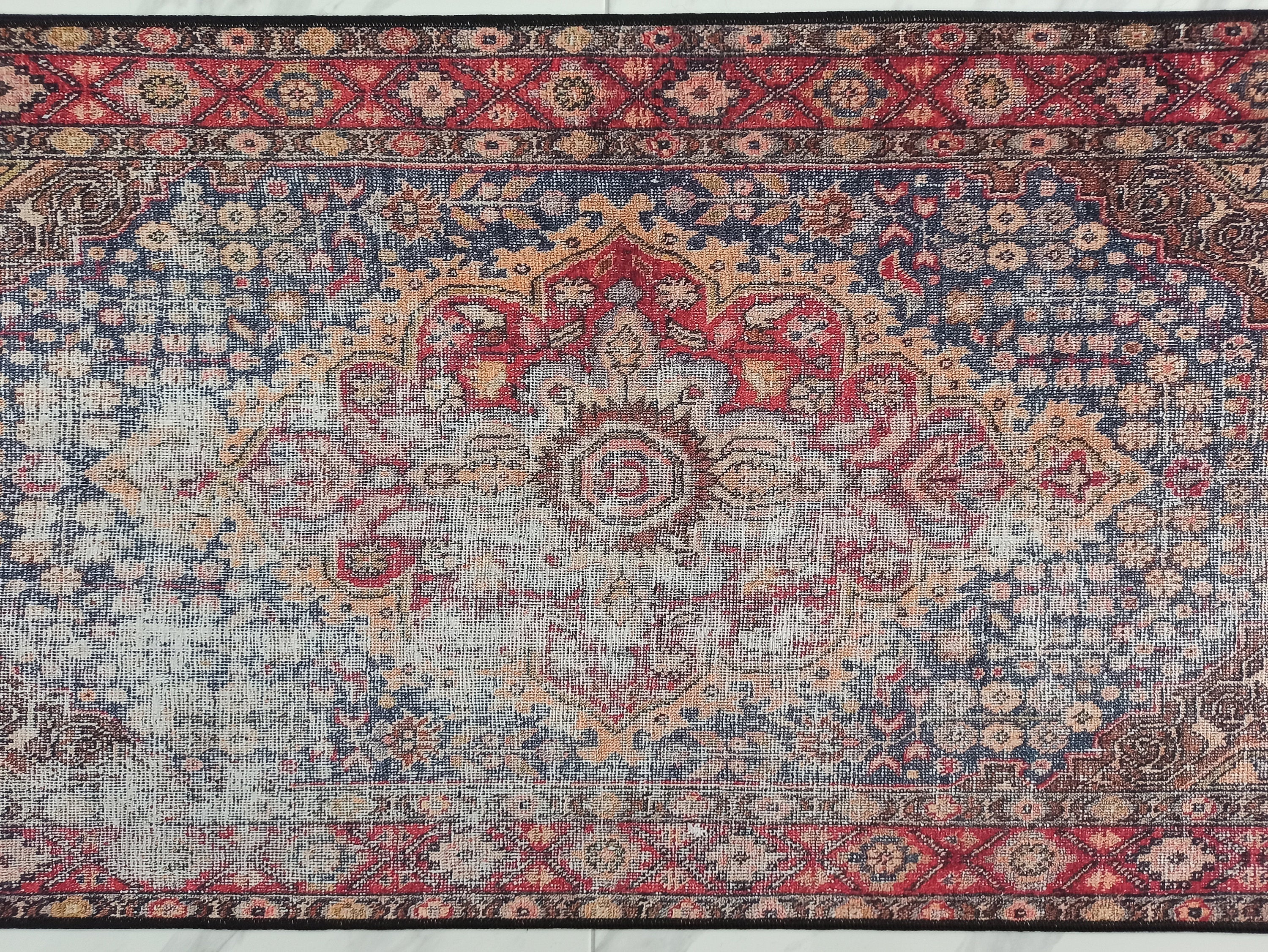Eskitme Madalyon Desenli Kırmızı ve Lacivert Vintage Yolluk - OUTLET - 14920OU
