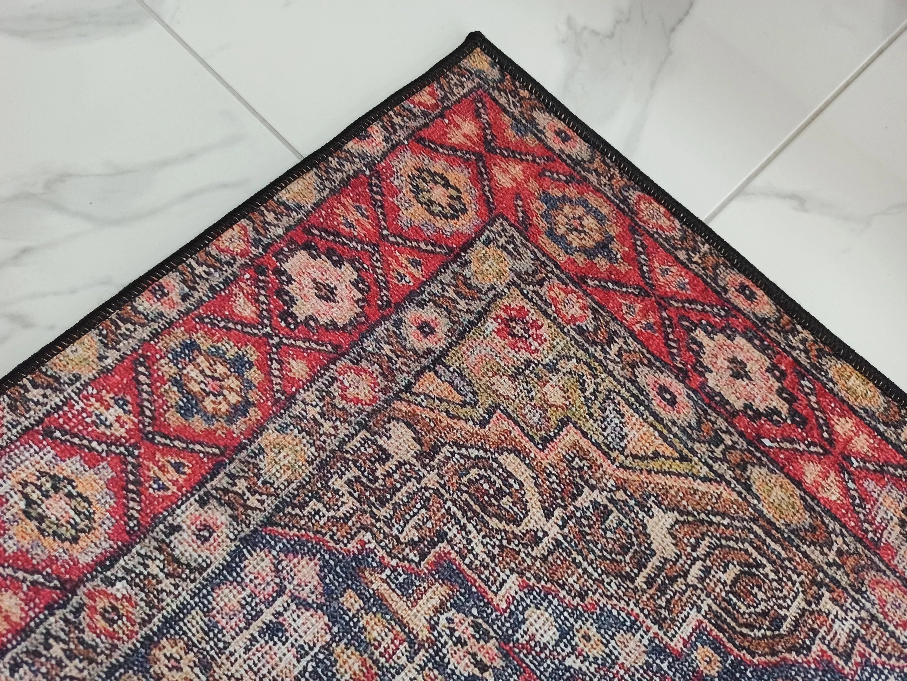 Eskitme Madalyon Desenli Kırmızı ve Lacivert Vintage Yolluk - OUTLET - 14920OU