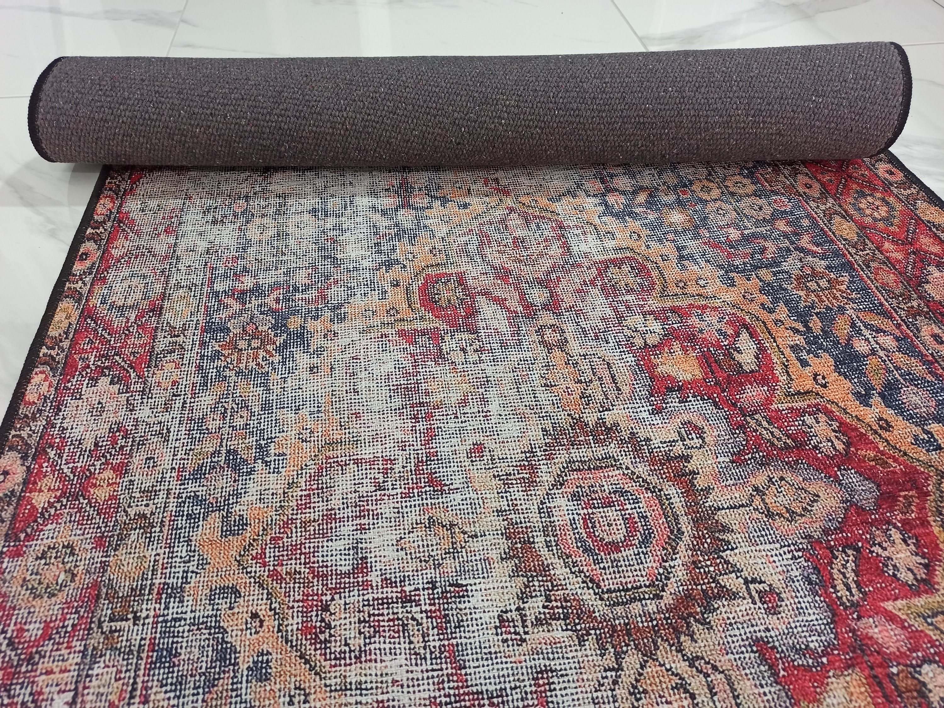 Eskitme Madalyon Desenli Kırmızı ve Lacivert Vintage Yolluk - OUTLET - 14920OU