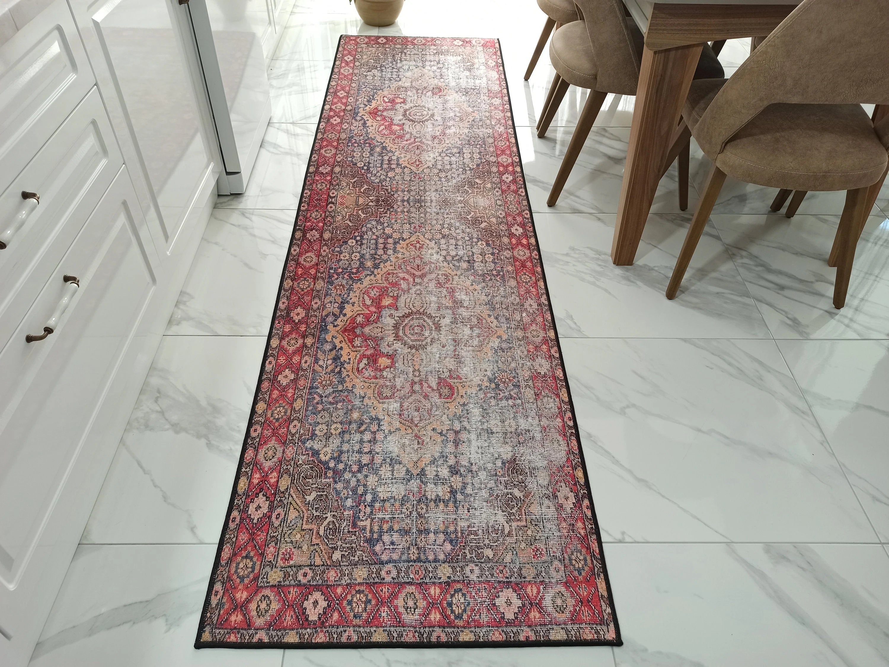 Eskitme Madalyon Desenli Kırmızı ve Lacivert Vintage Yolluk - OUTLET - 14920OU