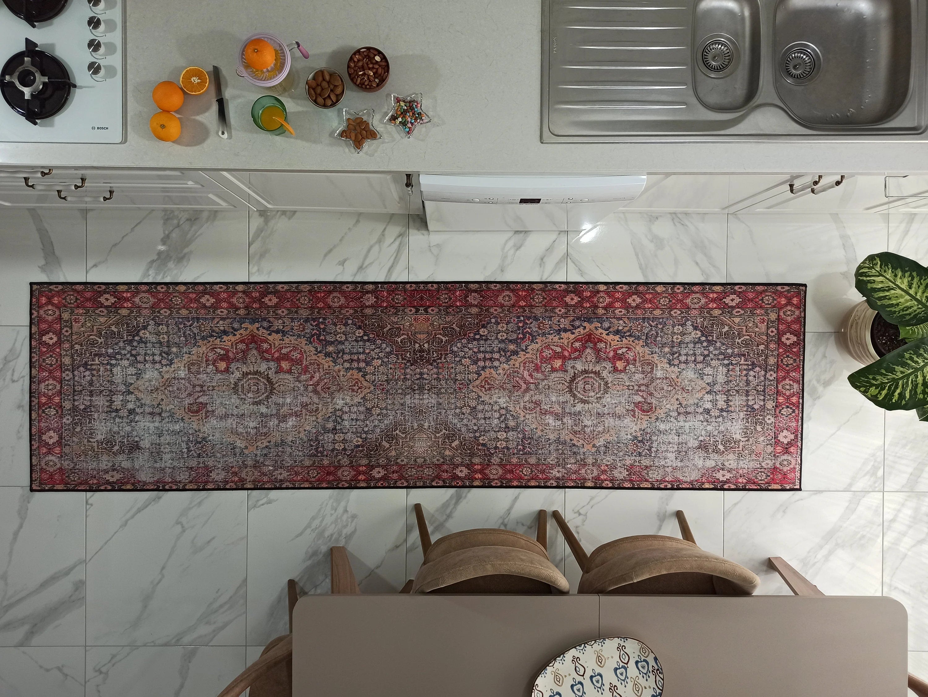 Eskitme Madalyon Desenli Kırmızı ve Lacivert Vintage Yolluk - OUTLET - 14920OU