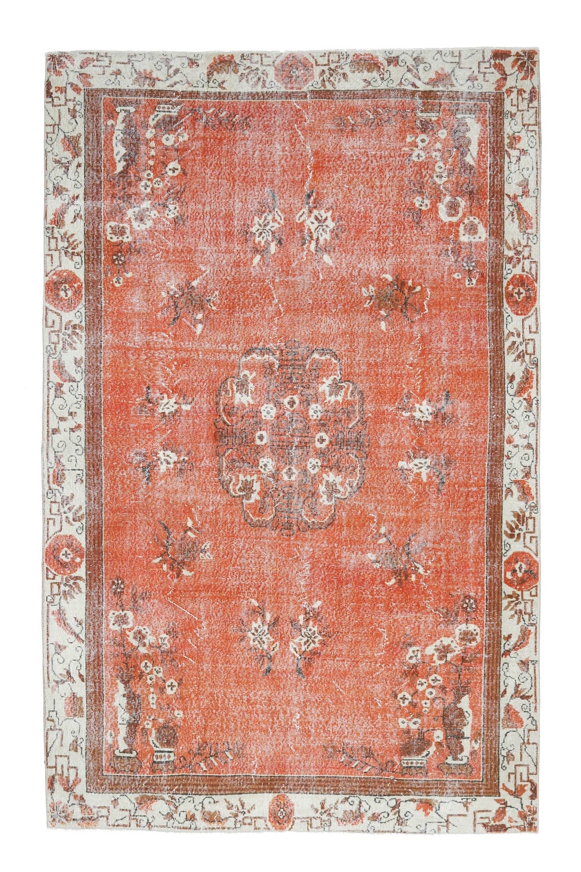 191x311 cm turuncu ve pembe oryantal desenli el dokuma vintage halı – üstten tam görünüm