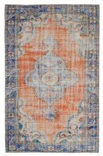 182x291 cm turuncu, gri ve bej oryantal desenli el dokuma vintage halı – üstten tam görünüm