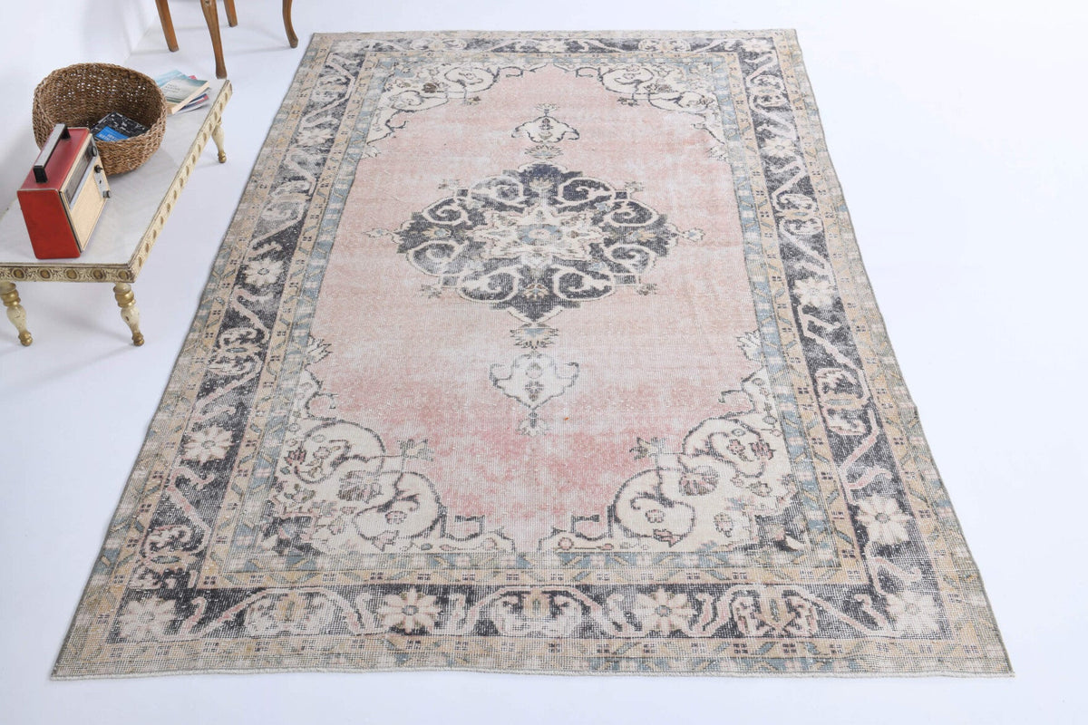 El yapımı vintage halı 183x305 cm madalyonlu desenli yün - detay görünümü