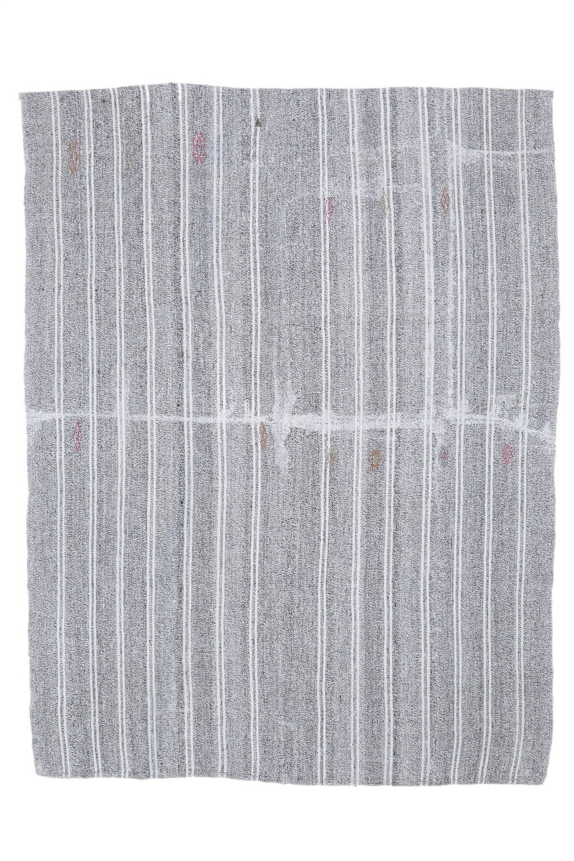 185x242 cm gri çizgili el dokuma vintage kilim – üstten tam görünüm