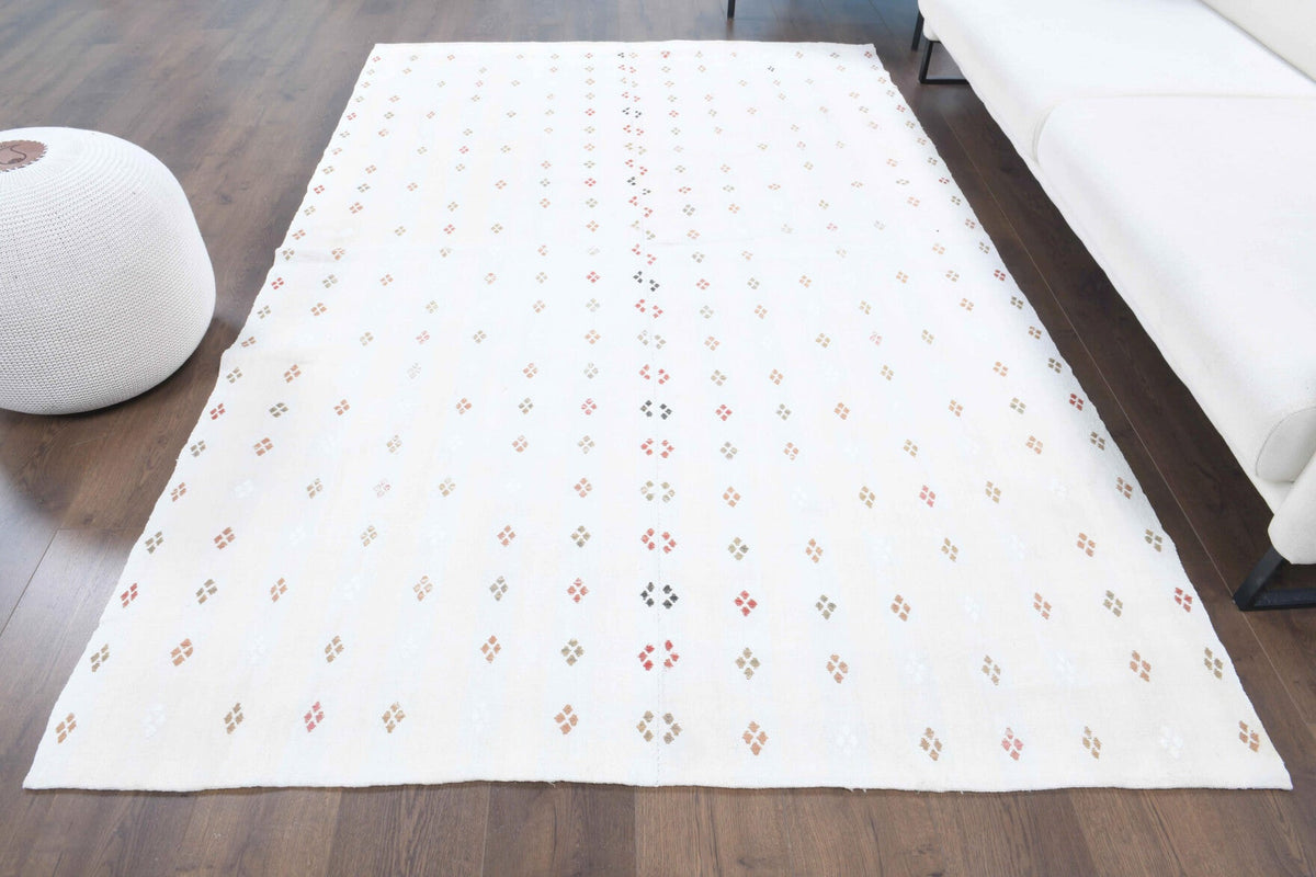 El yapımı vintage halı 170x259 cm kilim desenli yün - yakın çekim doku detayı