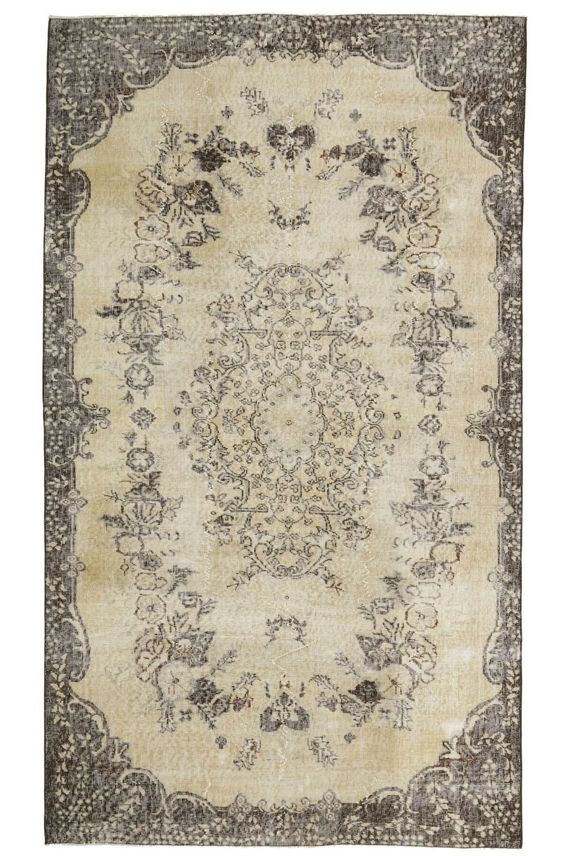 168x278 cm bej, kahverengi ve turuncu oryantal desenli el dokuma vintage halı – üstten tam görünüm