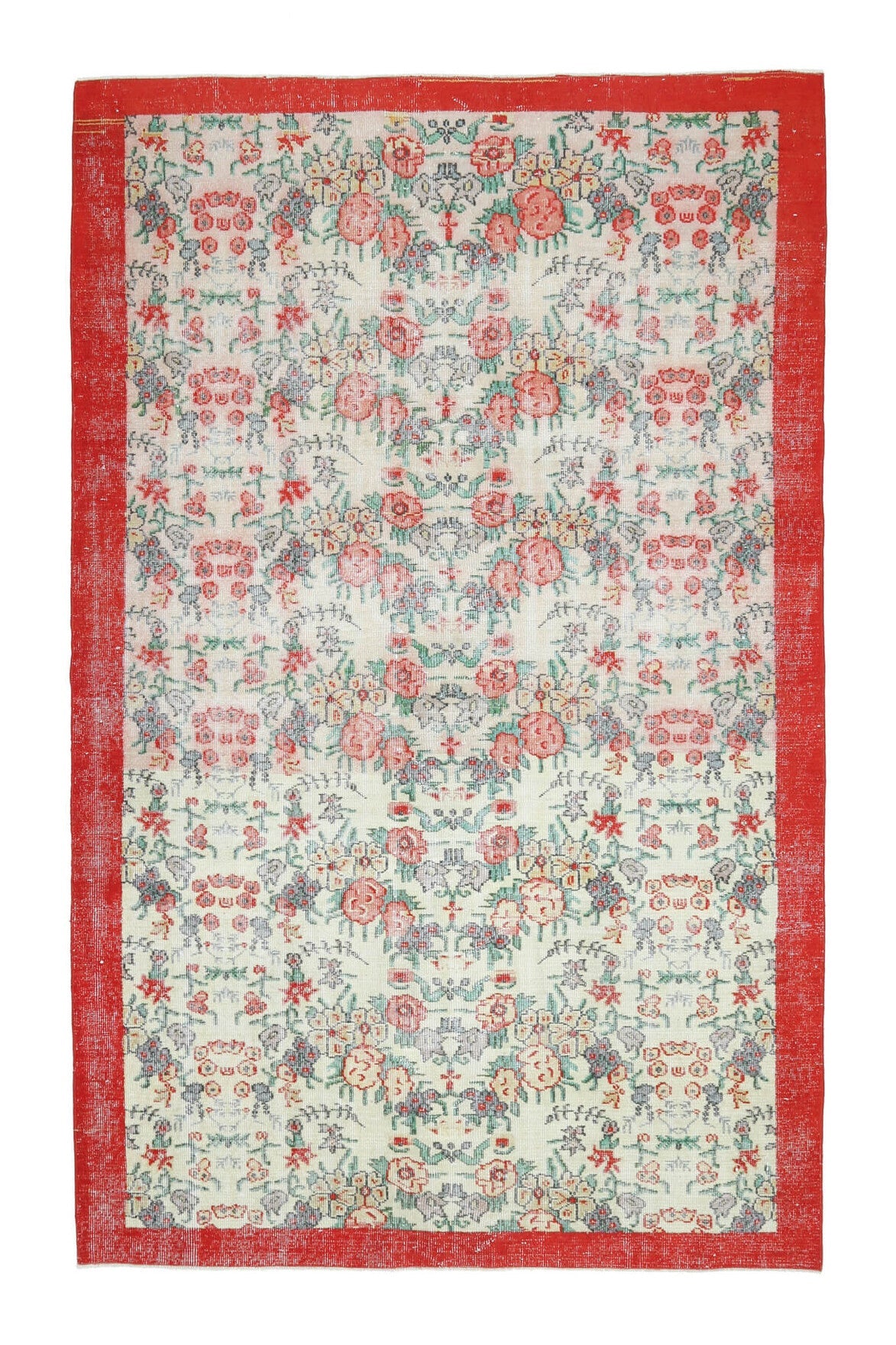 177x279 cm kırmızı, bej ve pembe bordürlü el dokuma vintage halı – üstten tam görünüm