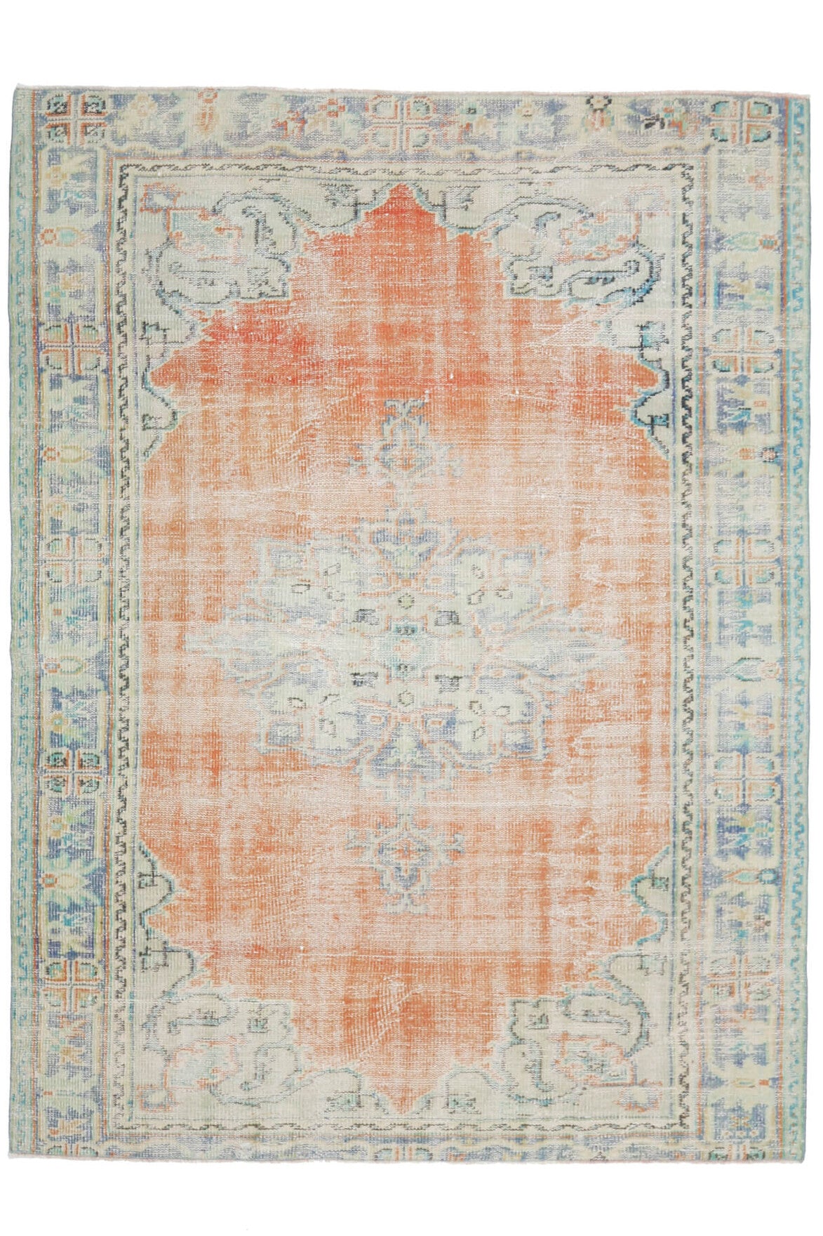 192x258 cm turuncu, bej ve gri oryantal desenli el dokuma vintage halı – üstten tam görünüm