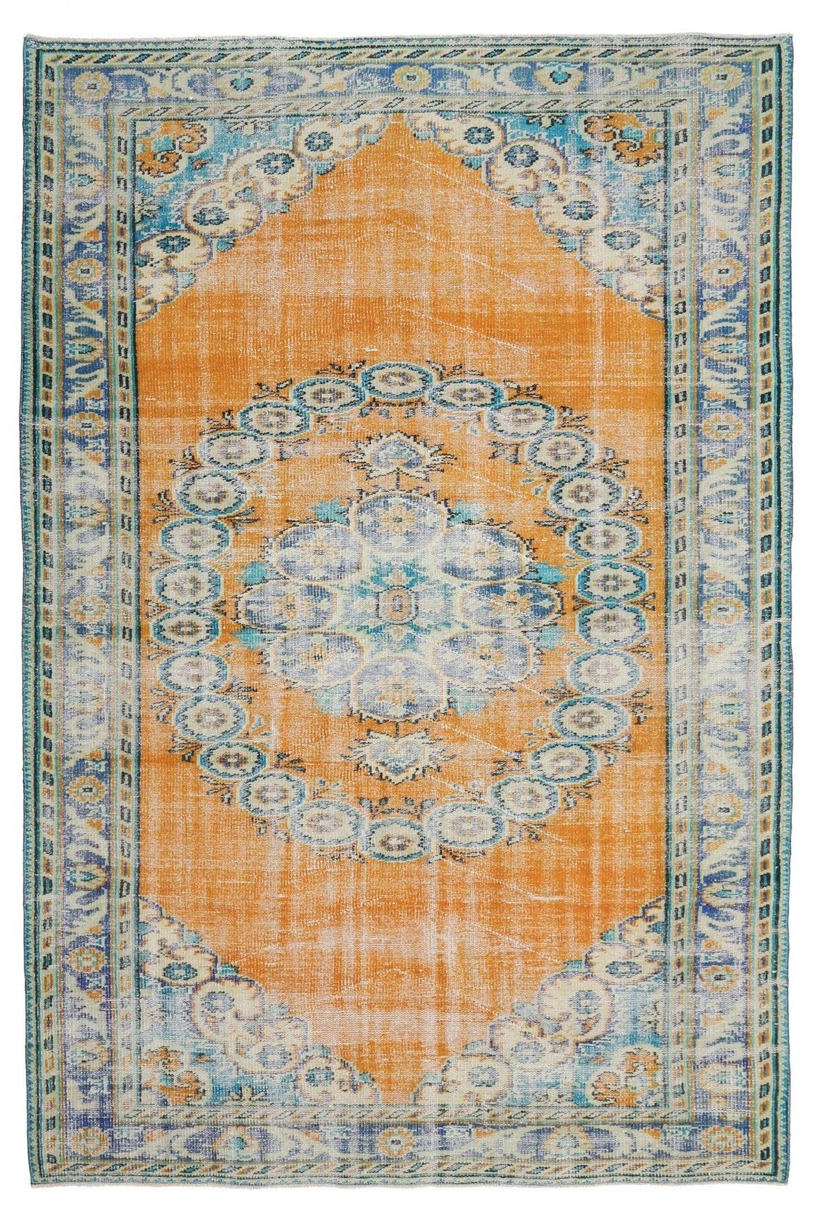 172x262 cm turuncu, gri ve bej oryantal desenli el dokuma vintage halı – üstten tam görünüm