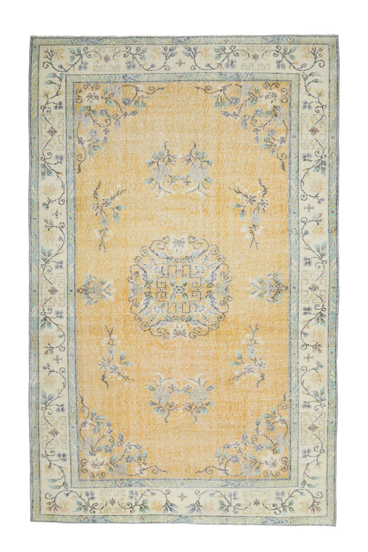 170x284 cm turuncu ve bej madalyonlu el dokuma vintage halı – üstten tam görünüm