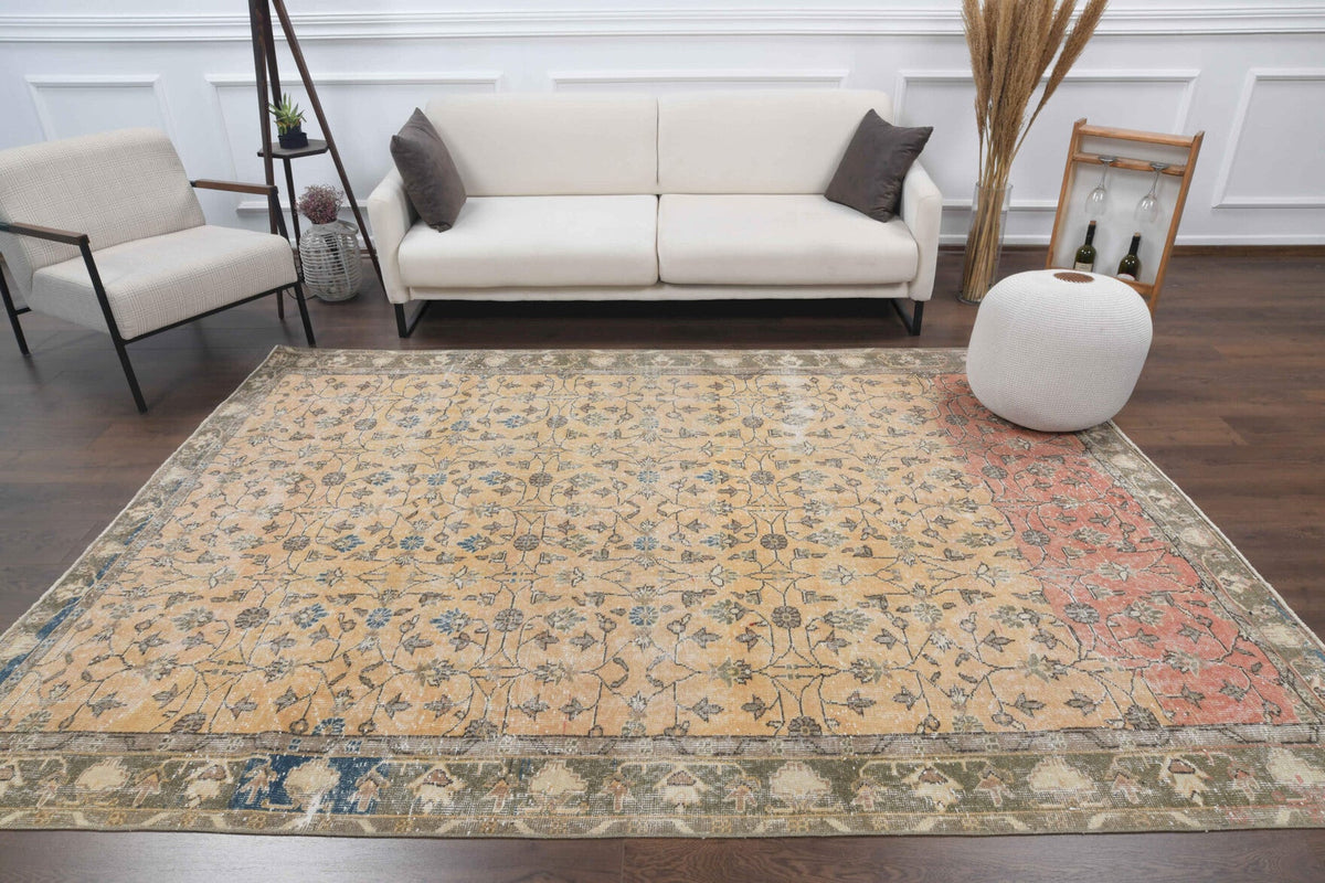 El yapımı vintage halı 208x292 cm çiçek desenli desenli yün - detay görünümü