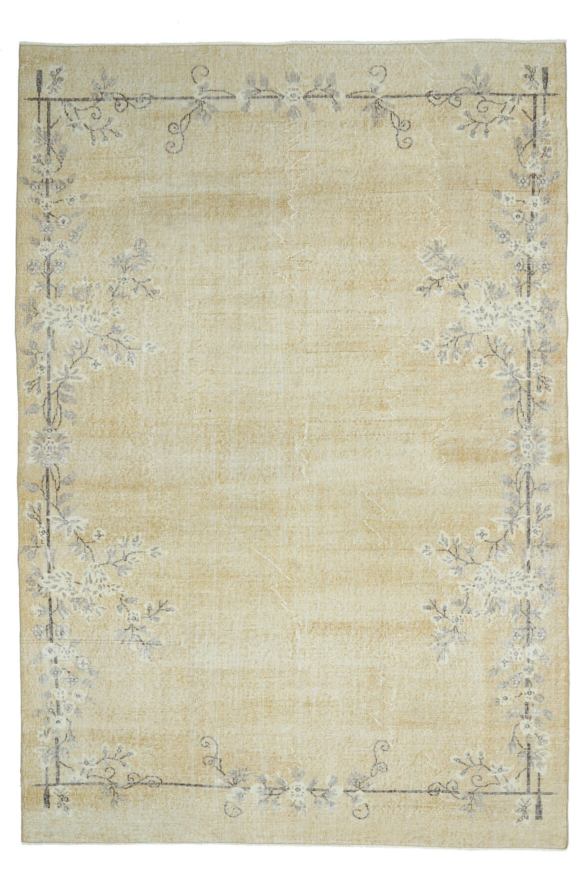 210x305 cm bej düz zeminli el dokuma vintage halı – üstten tam görünüm