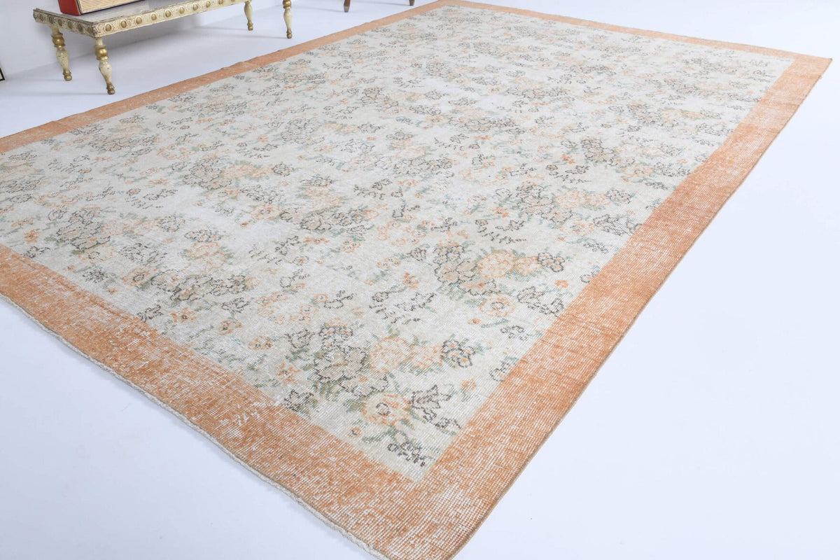 El yapımı vintage halı 213x310 cm çiçek desenli desenli yün - yakın çekim doku detayı