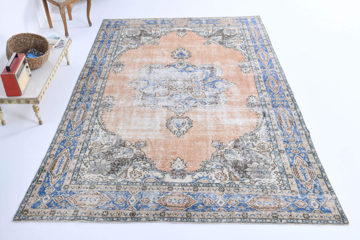 El yapımı vintage halı 203x318 cm çiçek desenli desenli yün - detay görünümü
