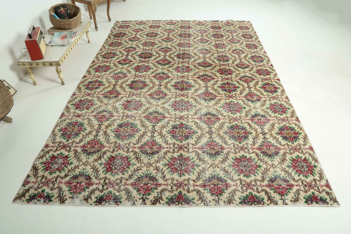 El yapımı vintage halı 183x305 cm i̇kat desenli yün - detay görünümü