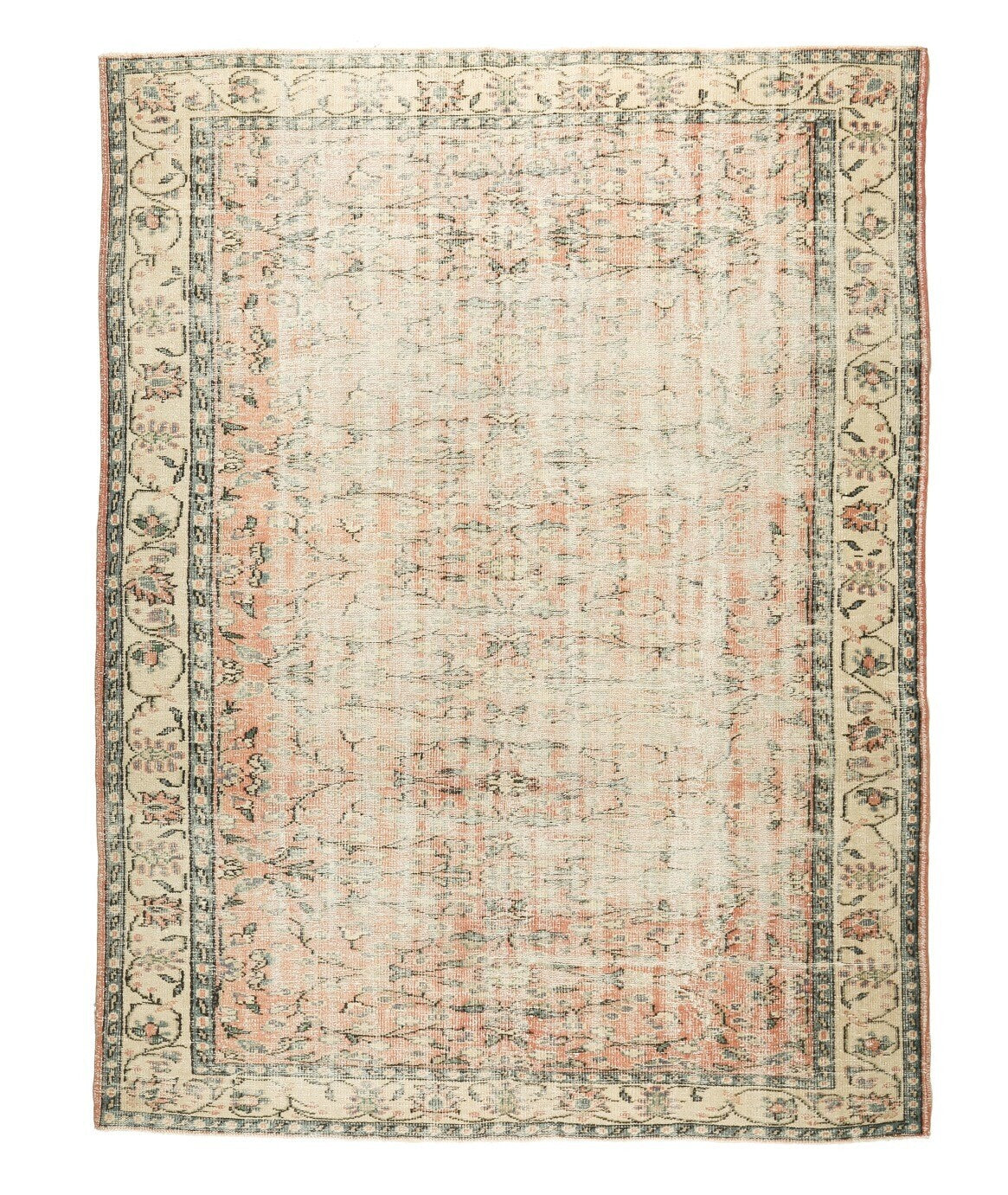 220x294 cm turuncu ve bej çiçek desenli el dokuma vintage halı – üstten tam görünüm