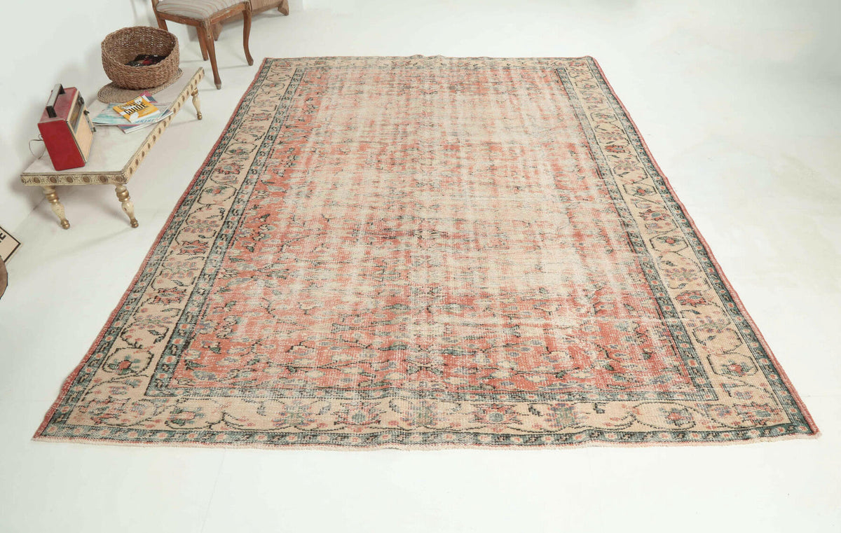 El yapımı vintage halı 213x274 cm çiçek desenli desenli yün - detay görünümü