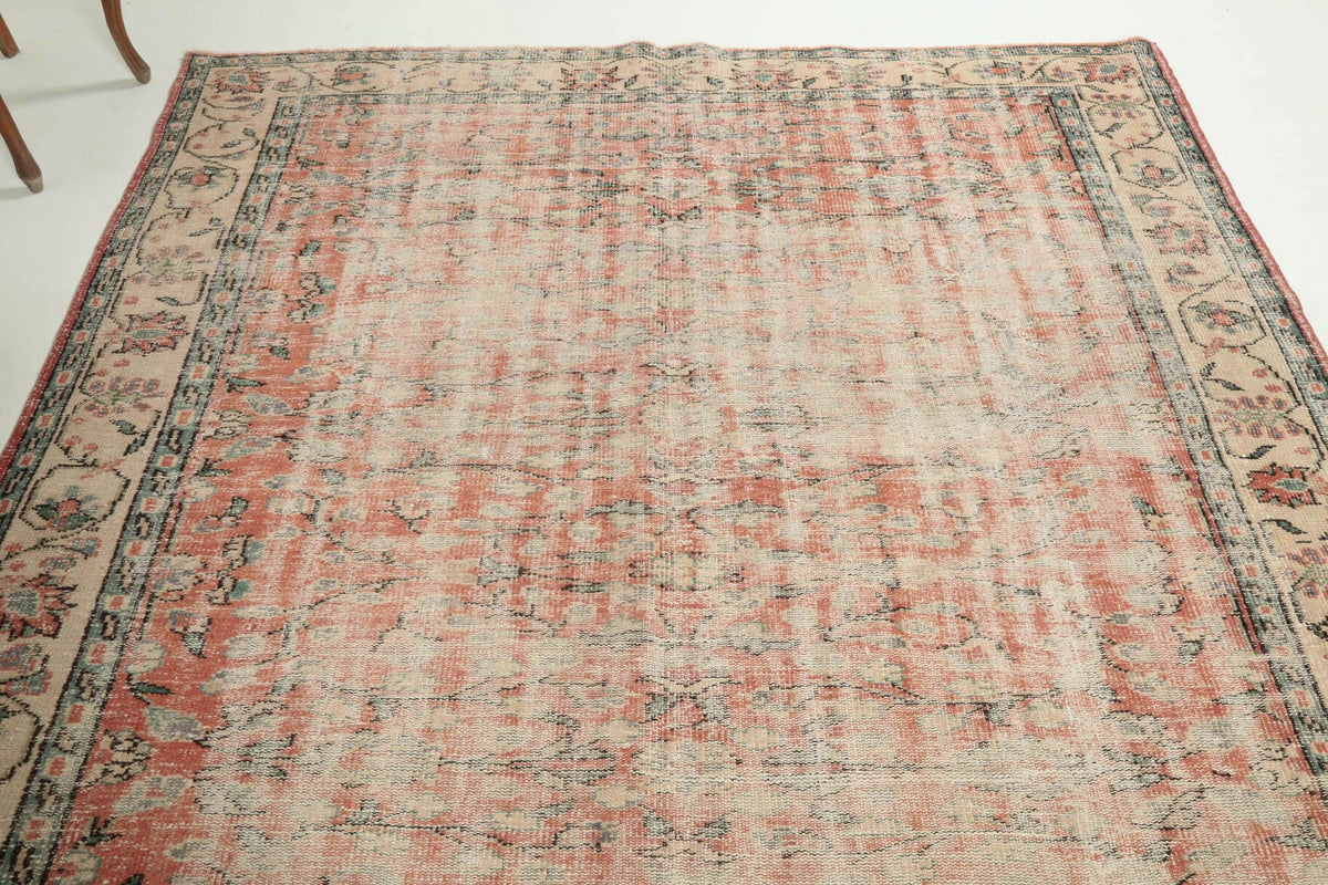 Turuncu ve bej renkli el dokuma vintage halı, yün hav, pamuk taban