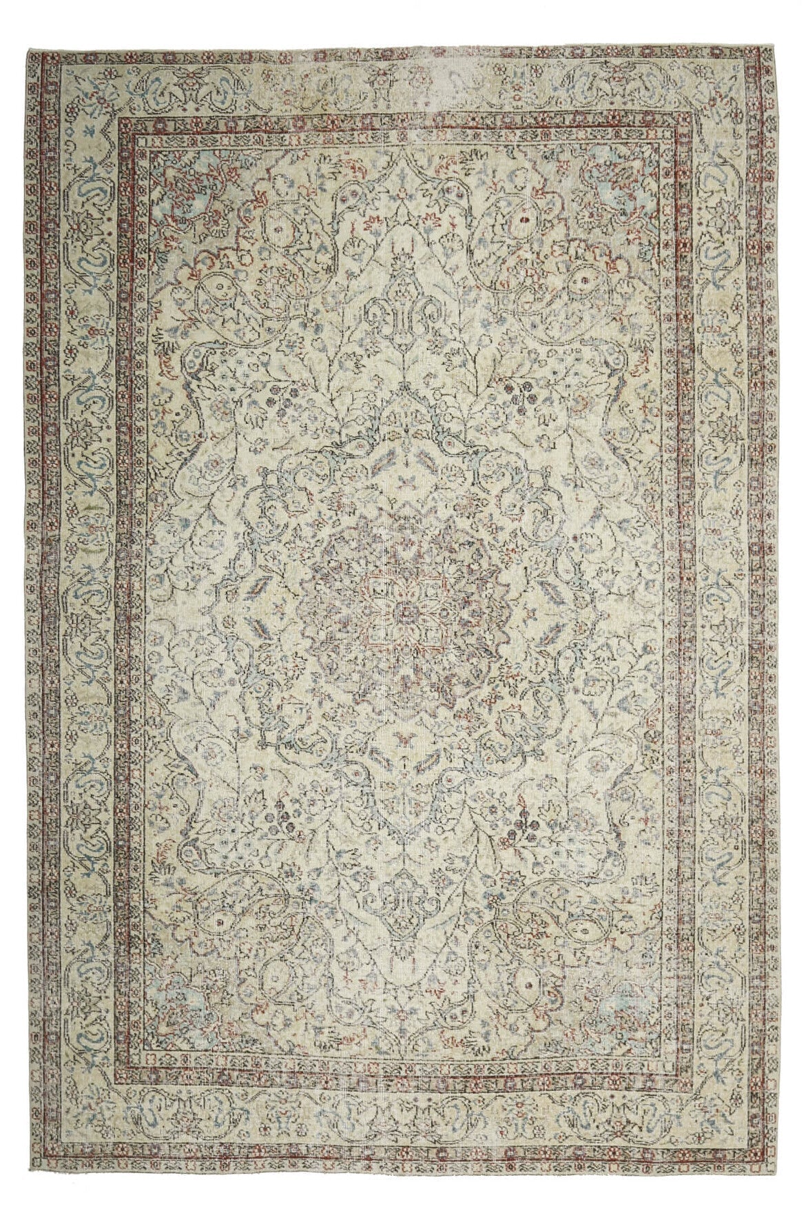 215x320 cm bej çiçek desenli el dokuma vintage halı – üstten tam görünüm
