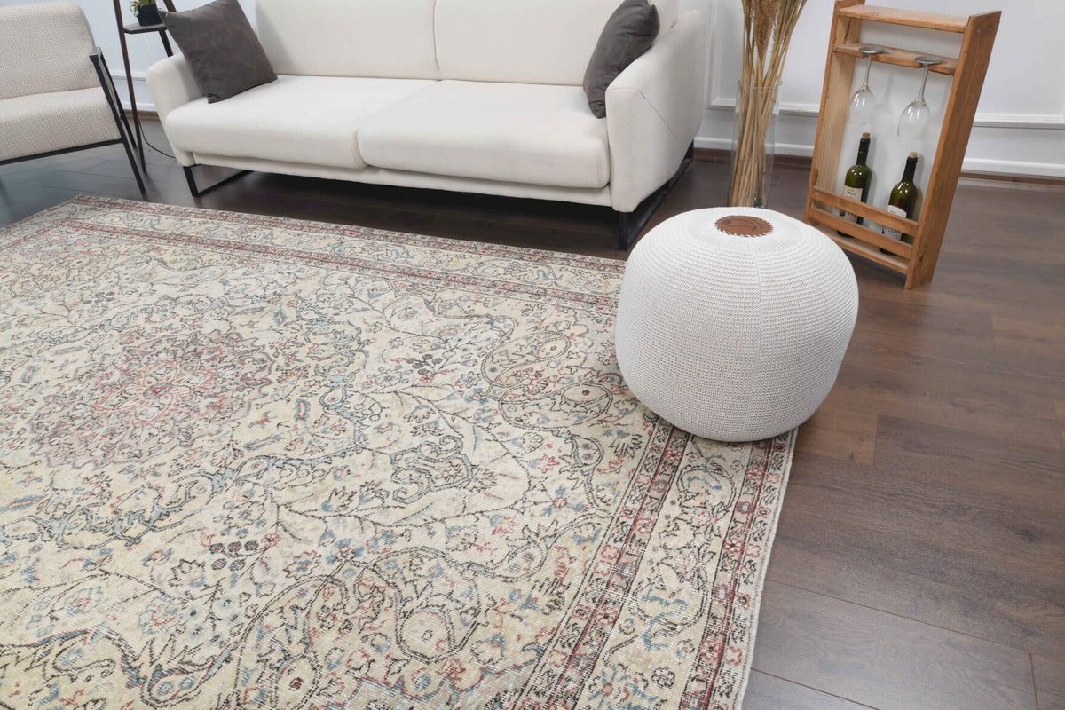 El yapımı vintage halı 216x320 cm çiçek desenli desenli yün - yakın çekim doku detayı
