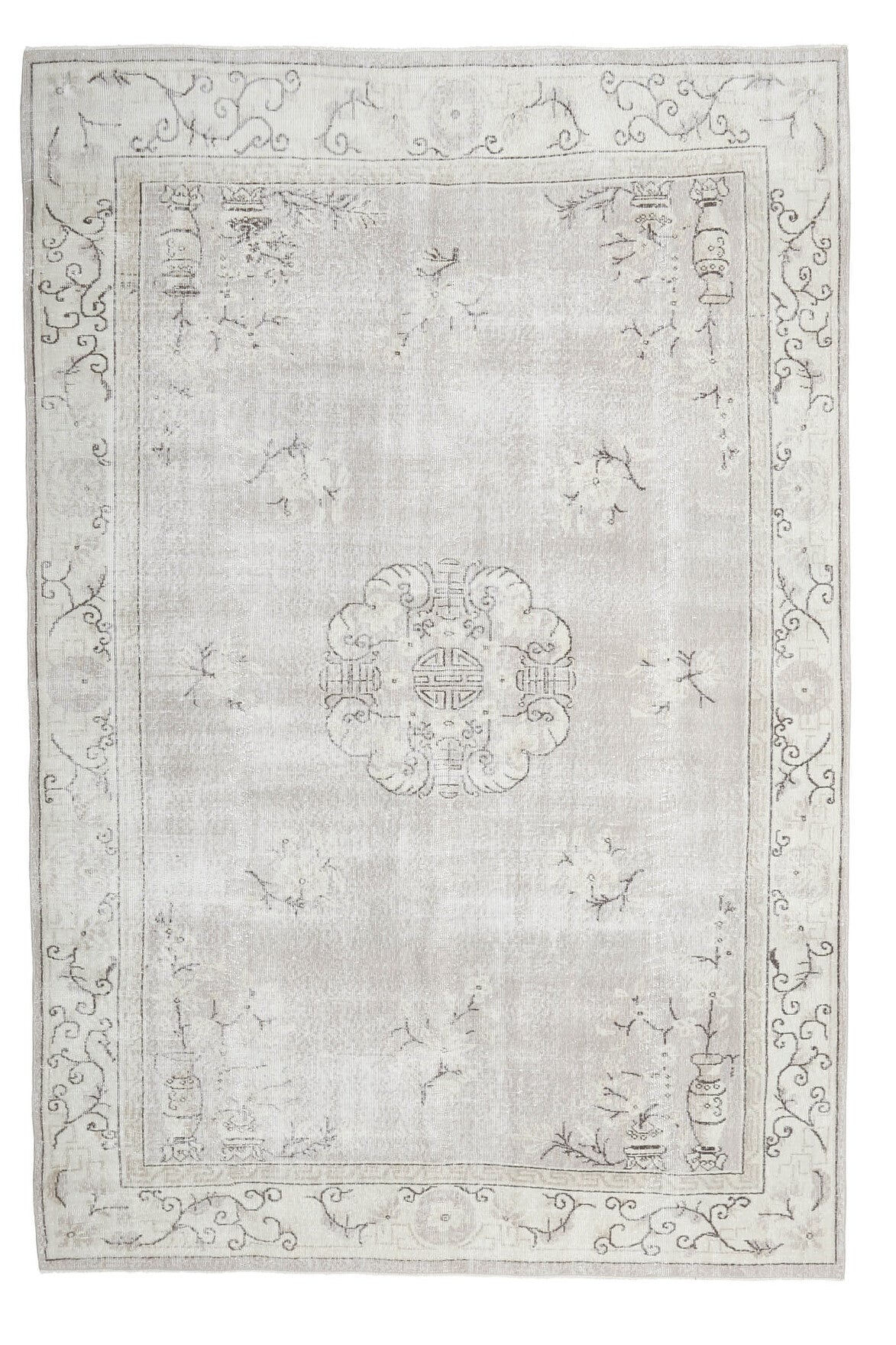 227x325 cm beyaz ve gri soyut desenli el dokuma vintage halı – üstten tam görünüm