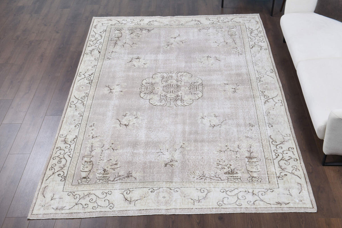 El yapımı vintage halı 226x325 cm soyut desenli yün - detay görünümü