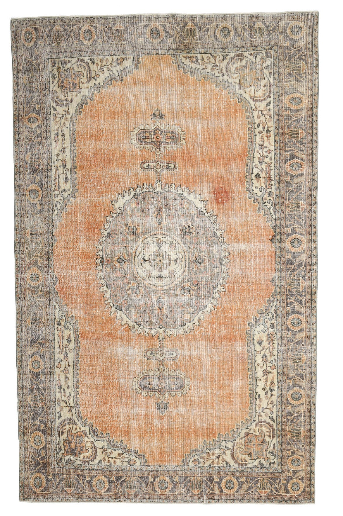 203x332 cm turuncu ve bej oryantal desenli el dokuma vintage halı – üstten tam görünüm