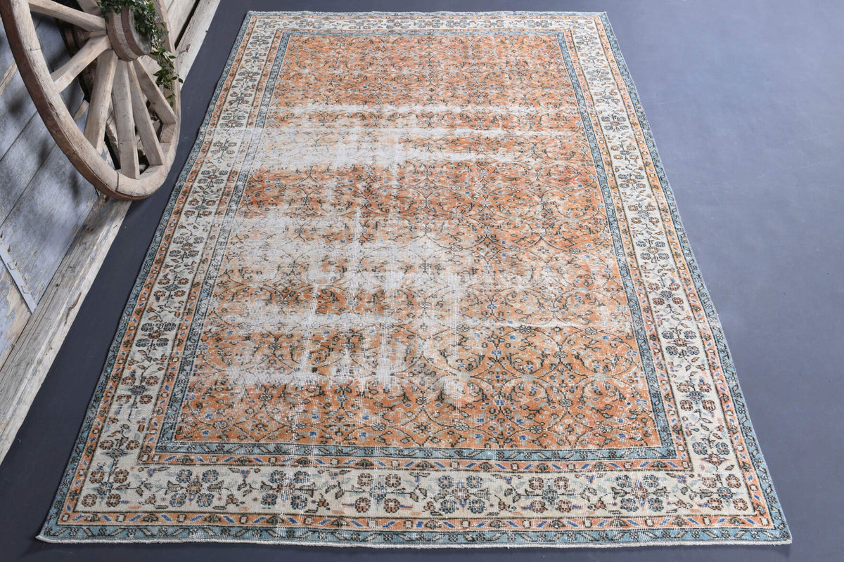 El yapımı vintage halı 193x305 cm çiçek desenli desenli yün