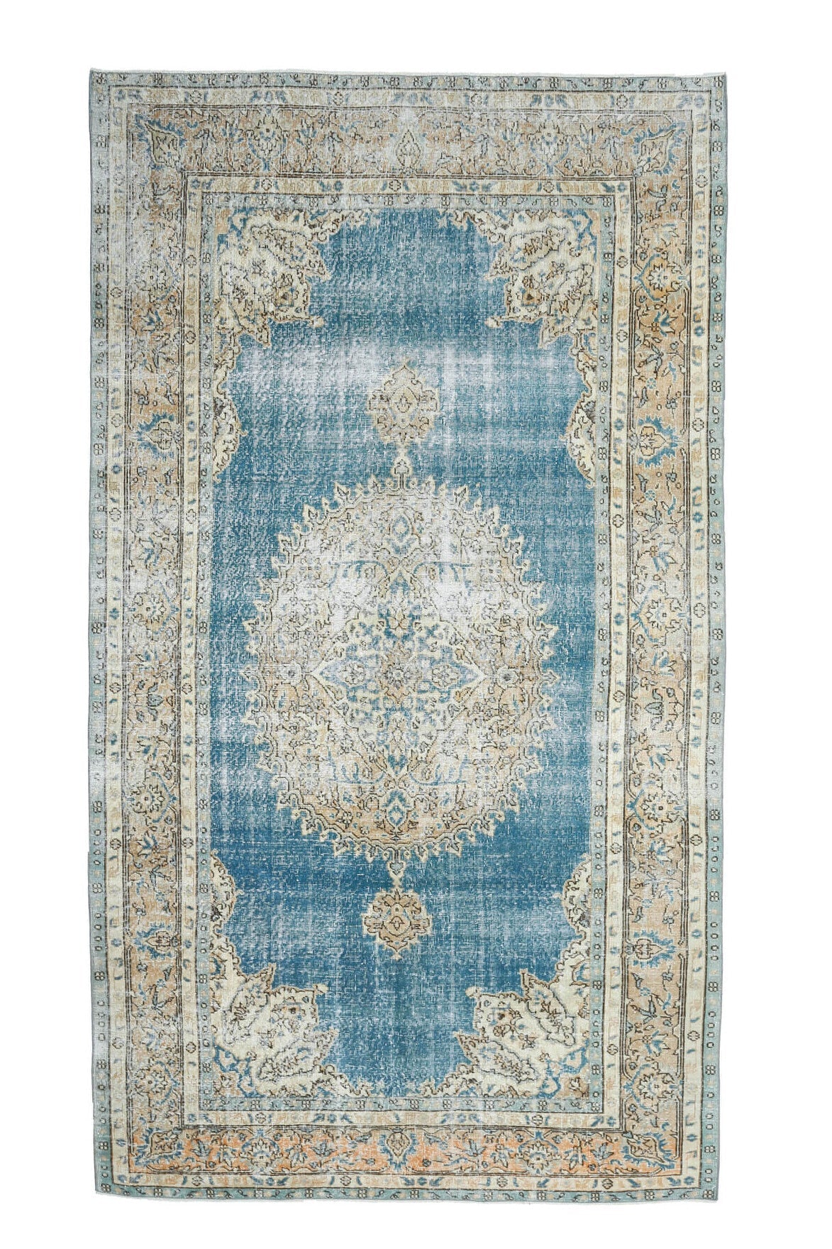 200x362 cm gri, bej ve mavi oryantal desenli el dokuma vintage halı – üstten tam görünüm