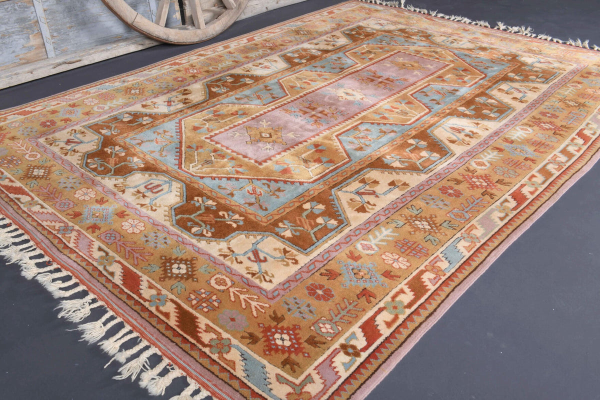 El yapımı vintage halı 201x279 cm tribal desenli yün - yakın çekim doku detayı