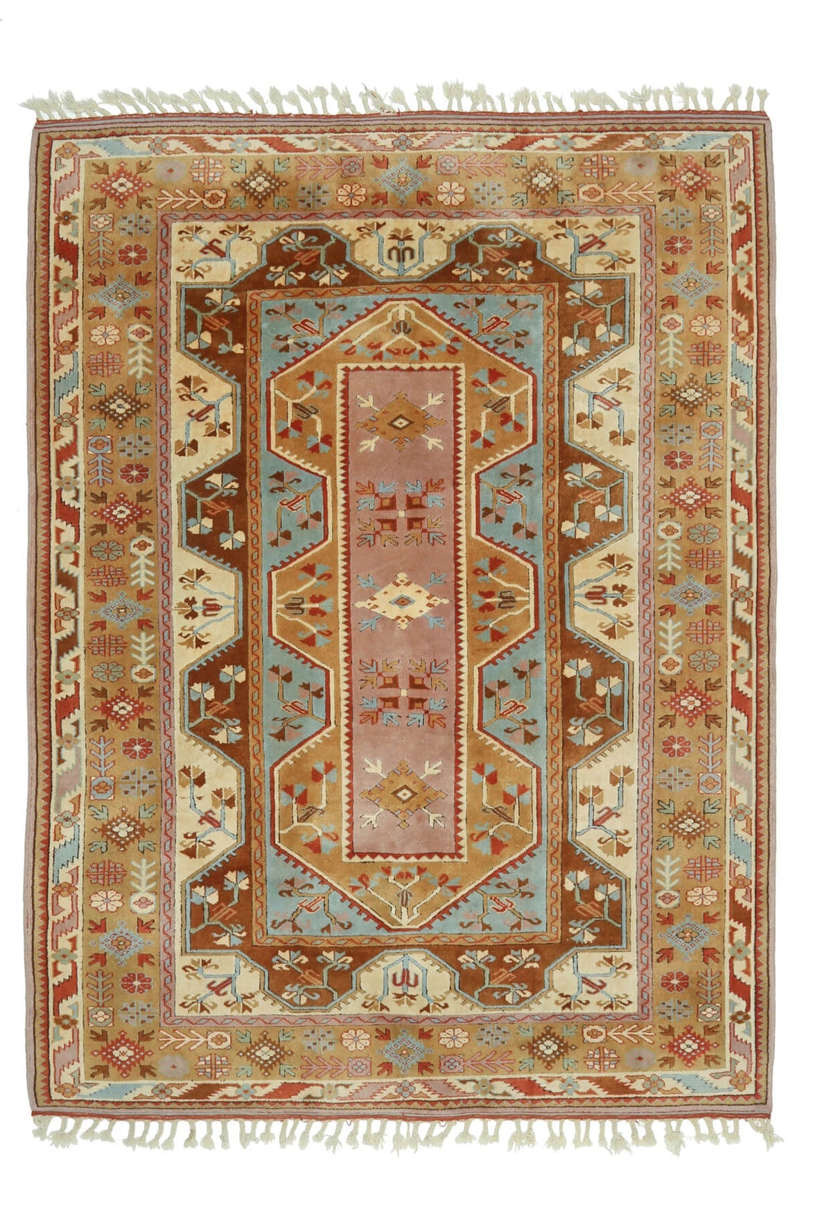 201x281 cm turuncu ve kahverengi tribal desenli el dokuma vintage halı – üstten tam görünüm