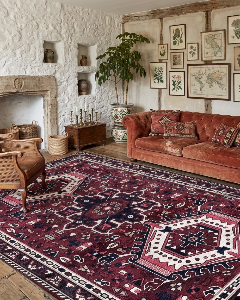 Uşak Blau-Roter Vintage-Kelim-Teppich